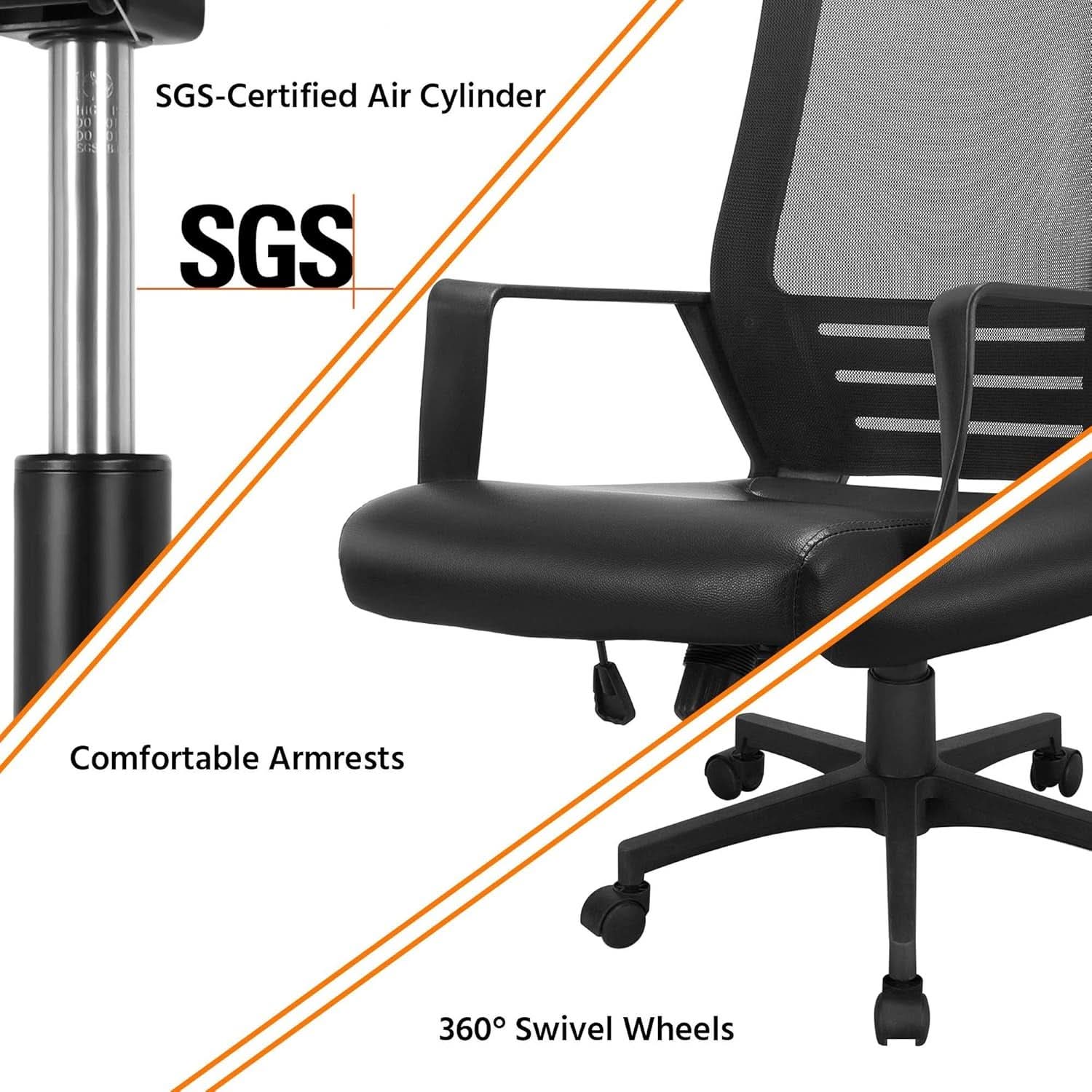 Ergonomic Office Chair Leather Seat Mesh Back Black With Lumbar Support