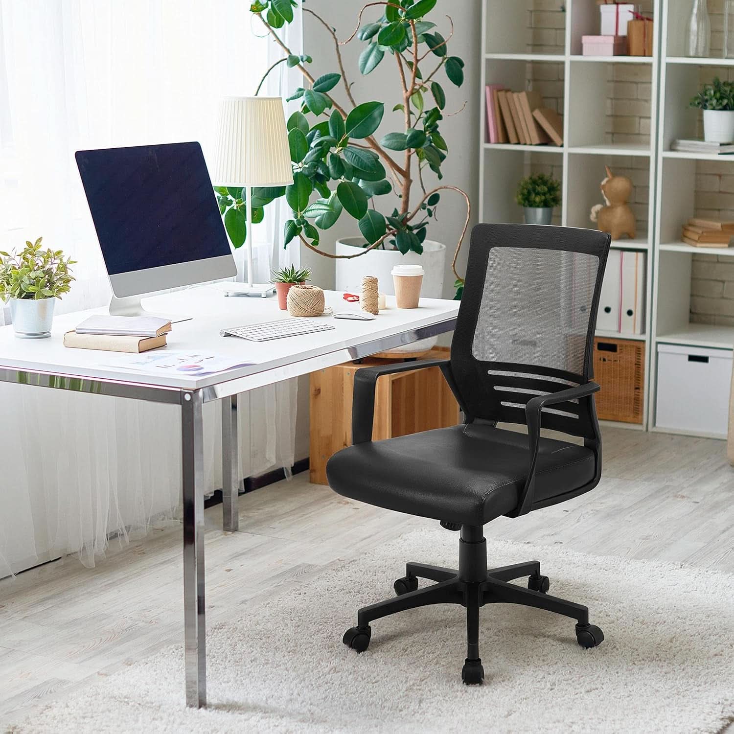 Ergonomic Office Chair Leather Seat Mesh Back Black With Lumbar Support