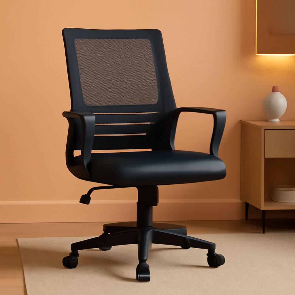 Ergonomic Office Chair Leather Seat Mesh Back Black With Lumbar Support