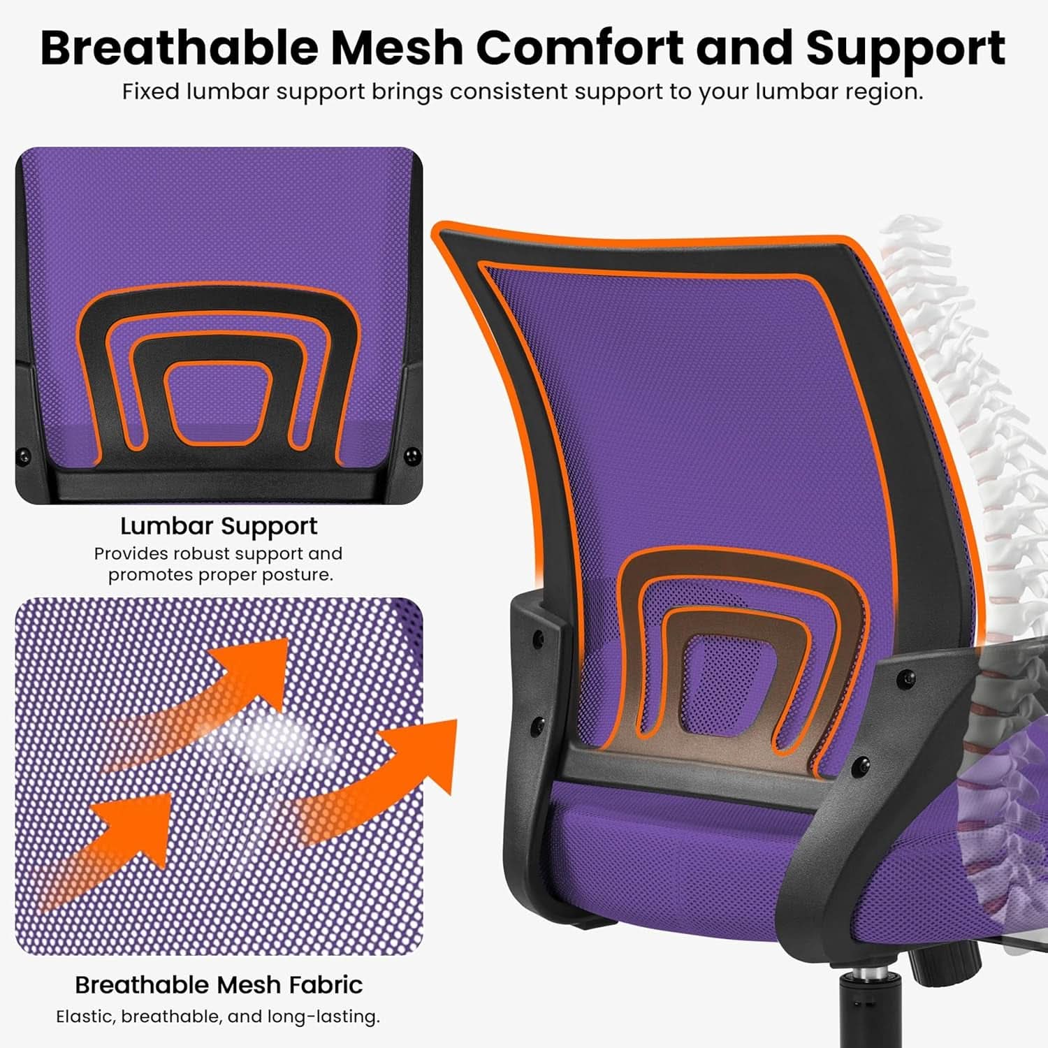 Ergonomic Purple Mesh Office Chair With Lumbar Support