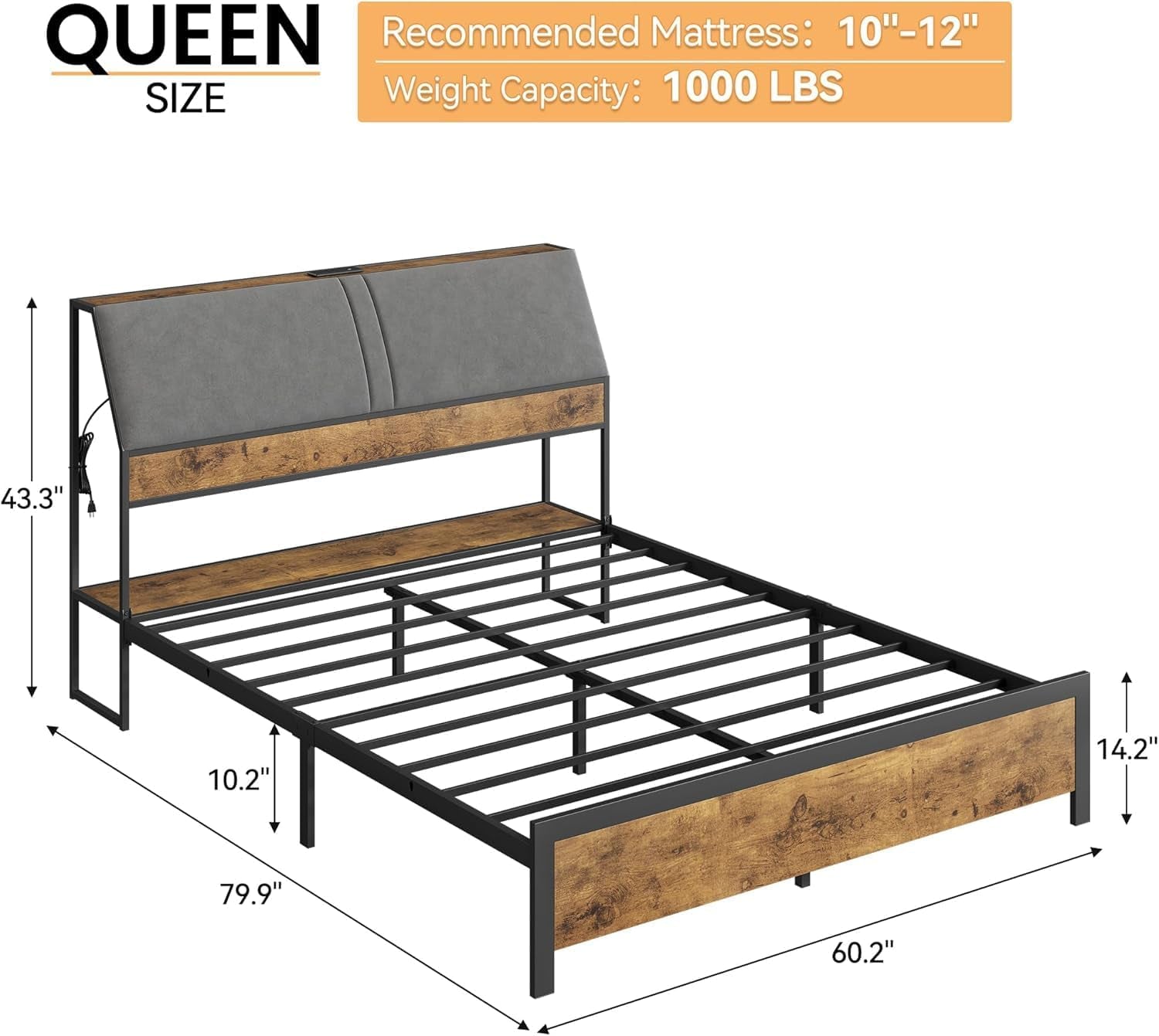 Ergonomic Queen Bed Frame with Padded Headboard and Storage