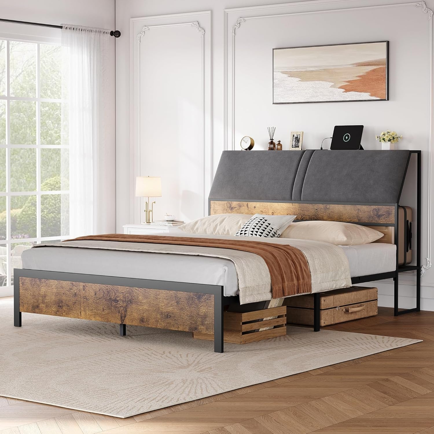 Ergonomic Queen Bed Frame with Padded Headboard and Storage