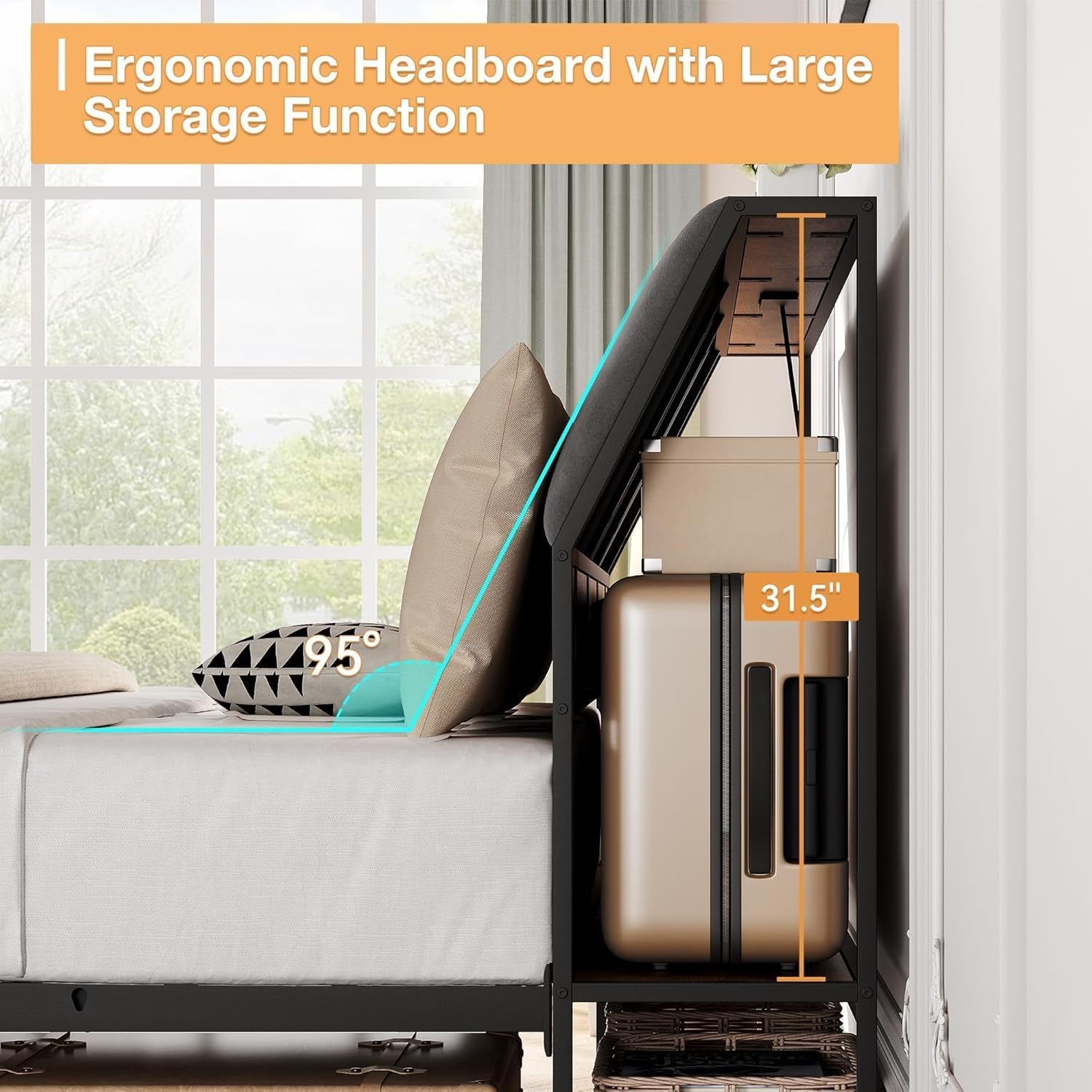 Ergonomic Queen Bed Frame with Padded Headboard and Storage