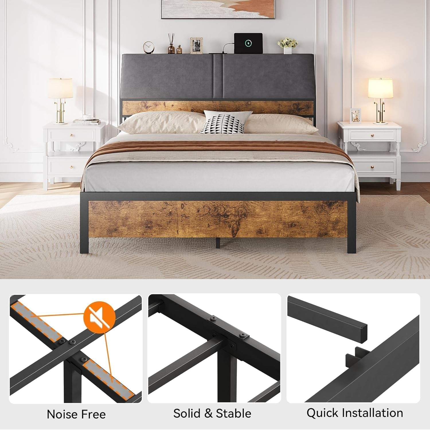 Ergonomic Queen Bed Frame with Padded Headboard and Storage
