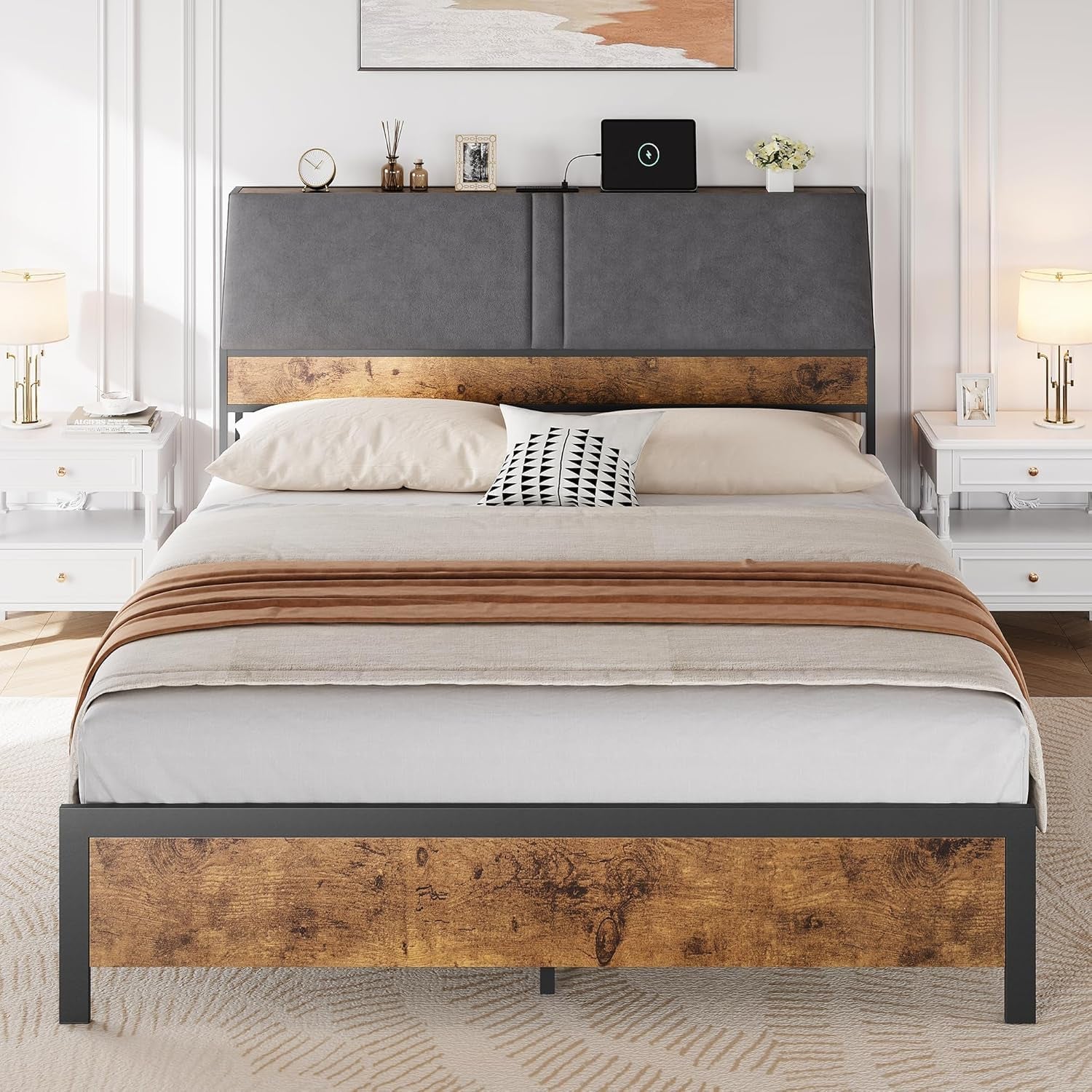 Ergonomic Queen Bed Frame with Padded Headboard and Storage