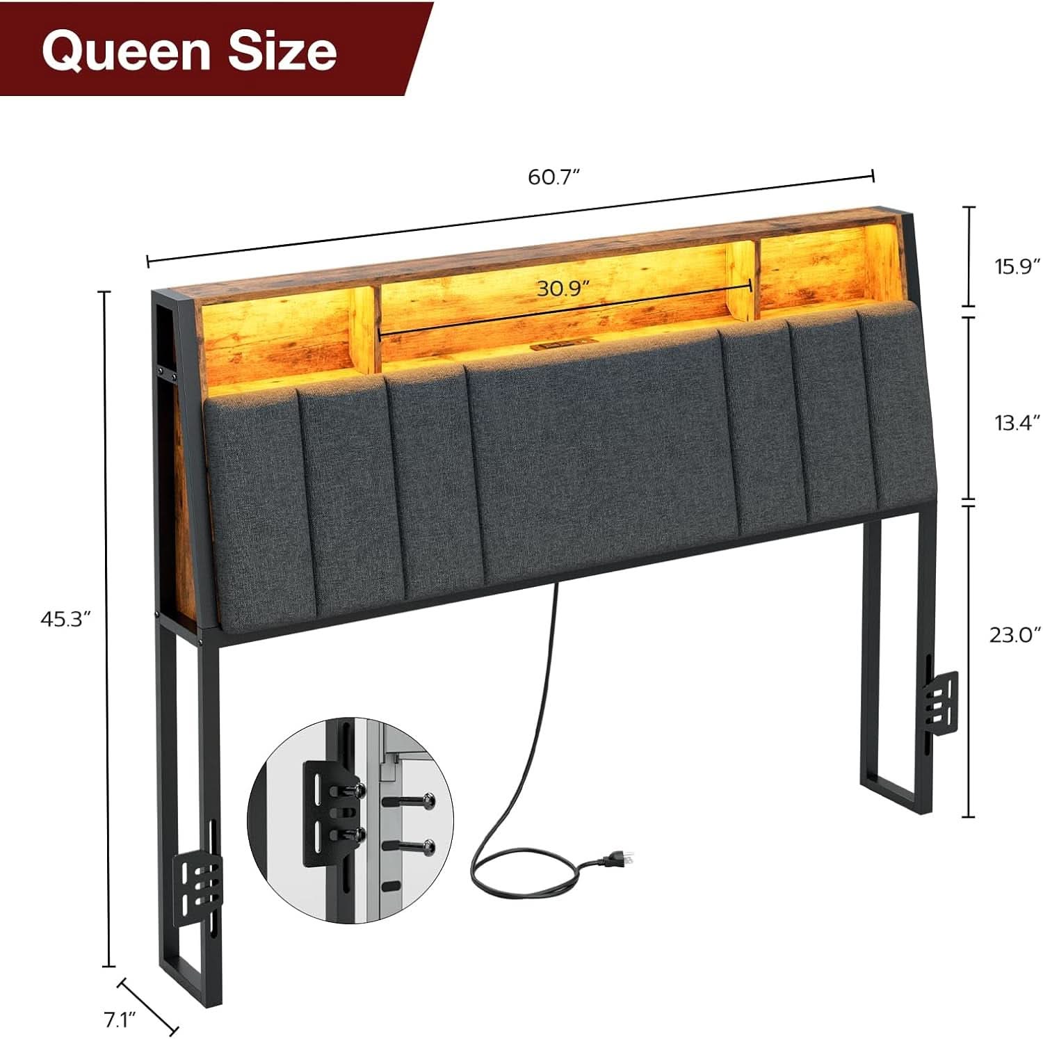 Ergonomic Queen Size Headboard with LED Lights Storage
