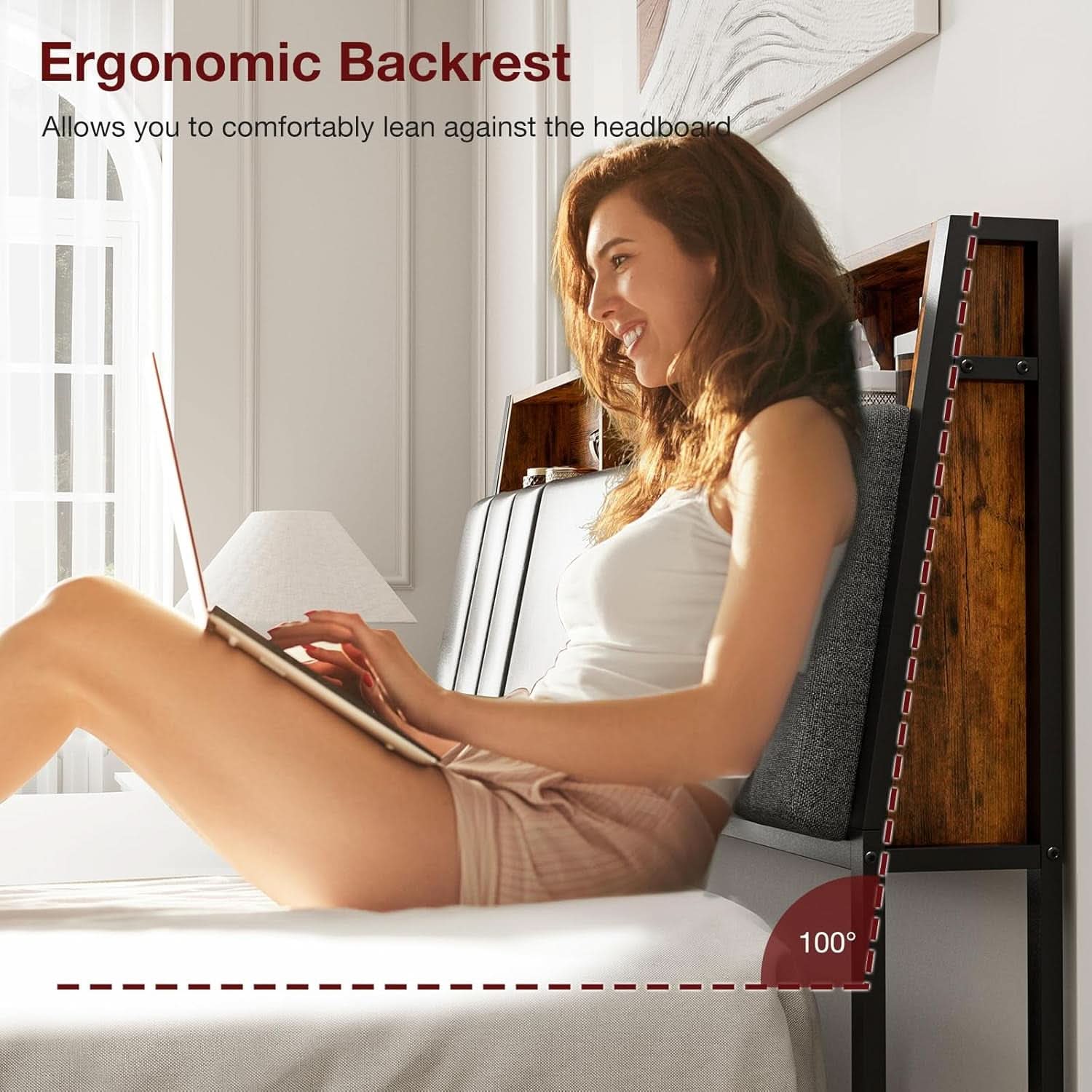 Ergonomic Queen Size Headboard with LED Lights Storage