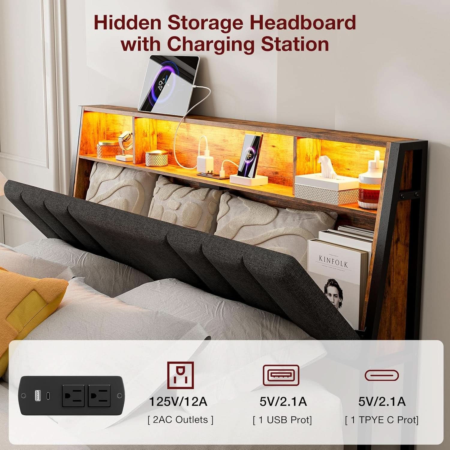 Ergonomic Queen Size Headboard with LED Lights Storage