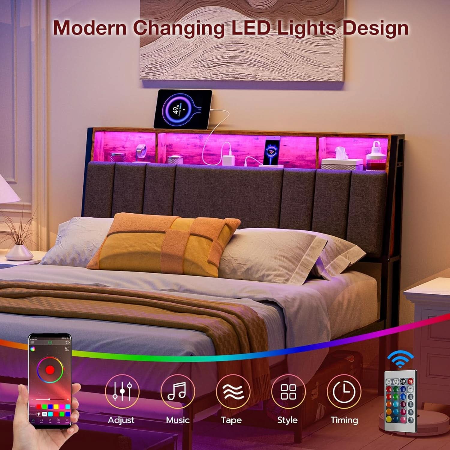 Ergonomic Queen Size Headboard with LED Lights Storage