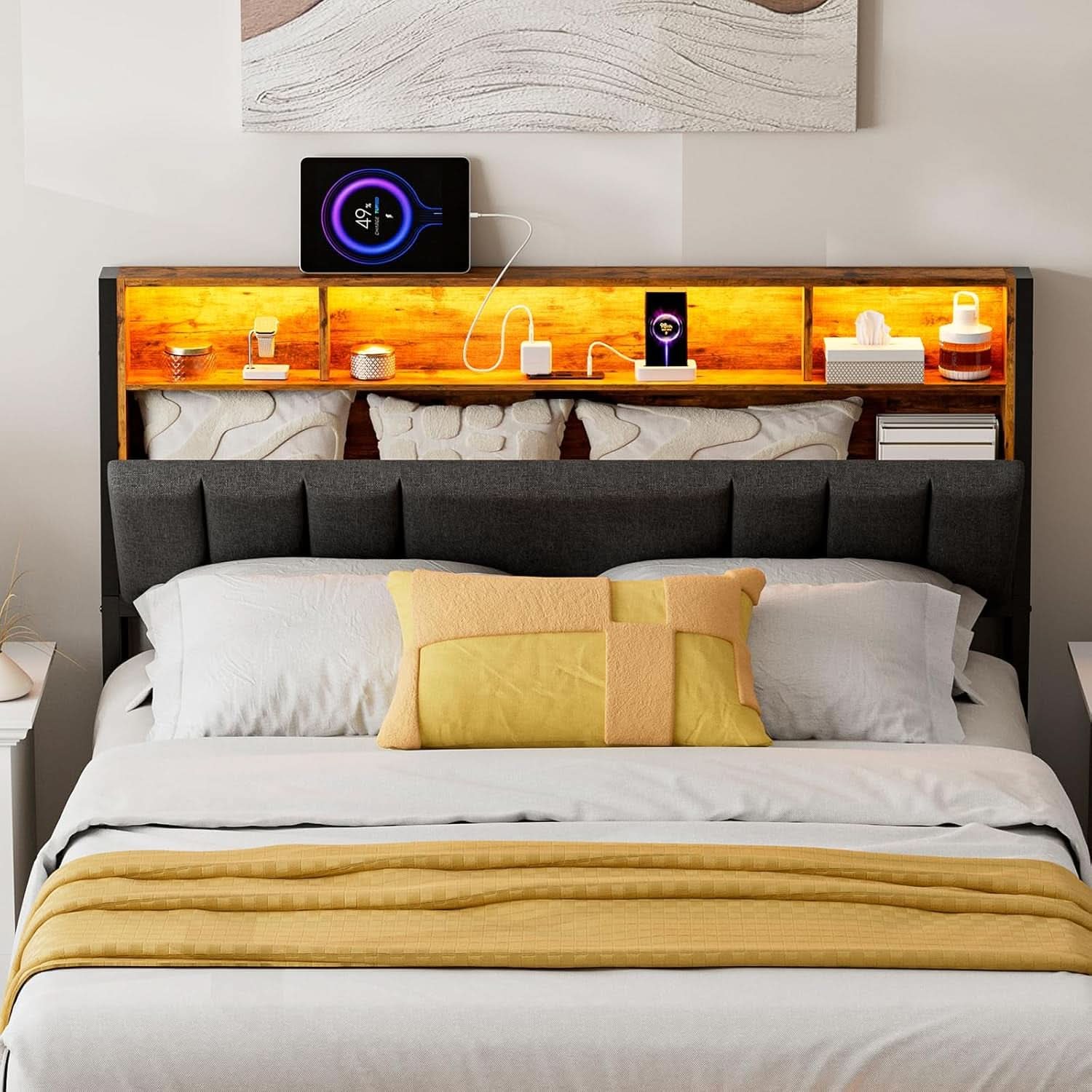 Ergonomic Queen Size Headboard with LED Lights Storage