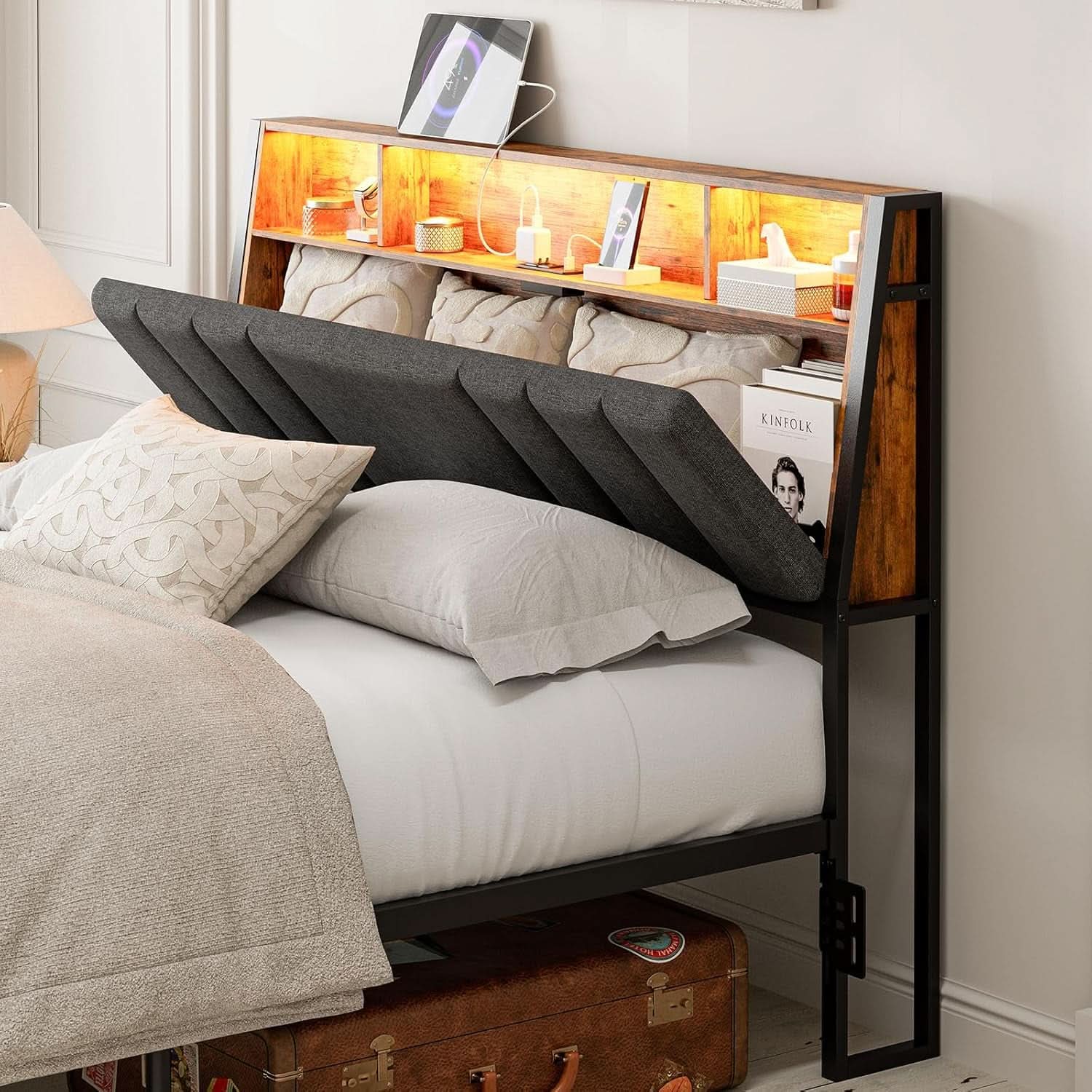 Ergonomic Queen Size Headboard with LED Lights Storage