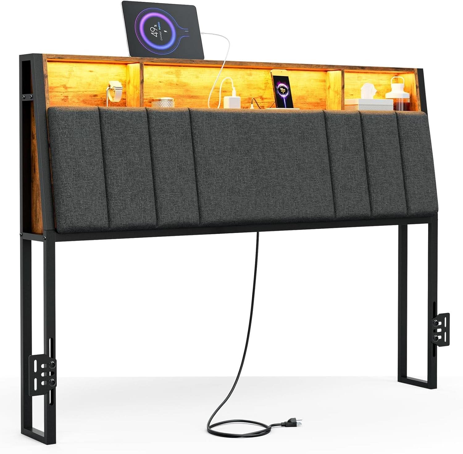 Ergonomic Queen Size Headboard with LED Lights Storage