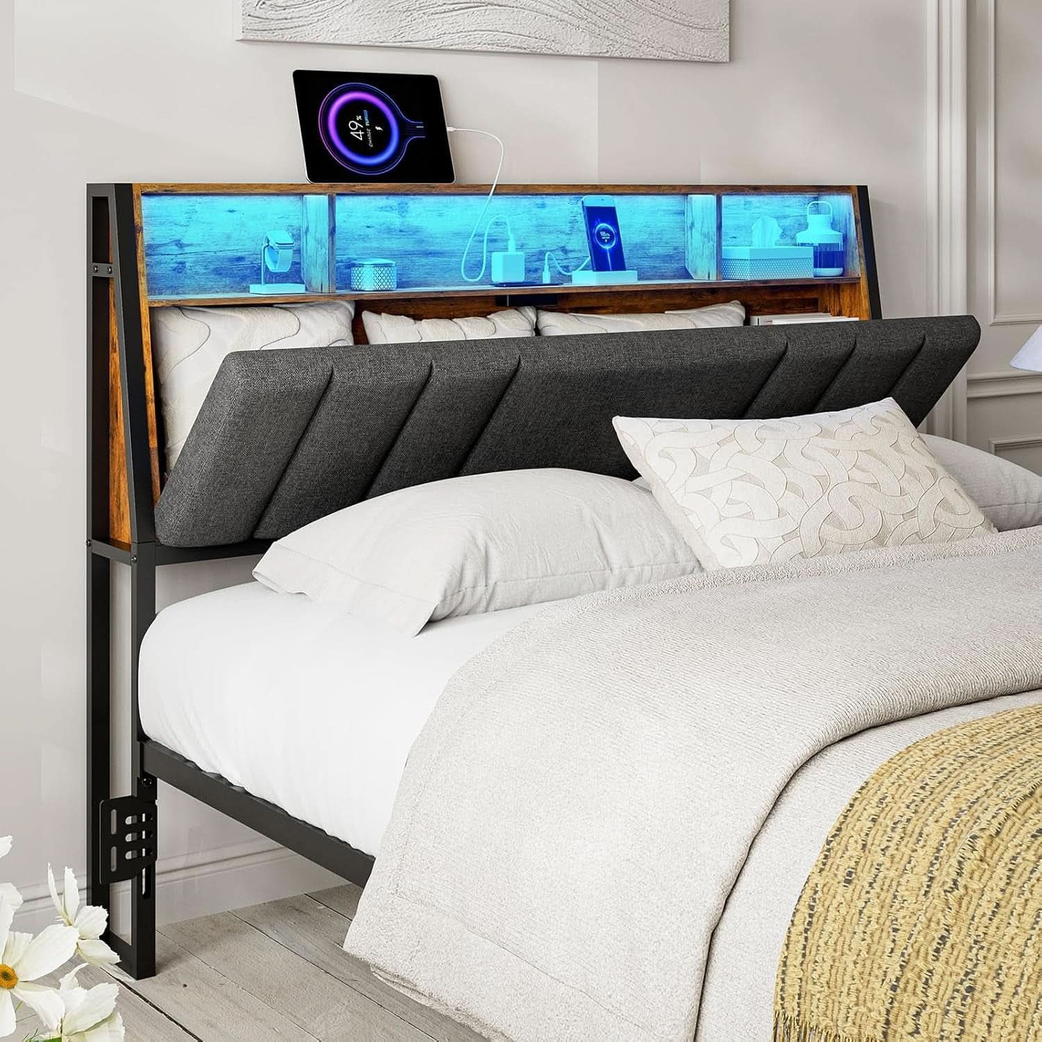 Ergonomic Queen Size Headboard with LED Lights Storage