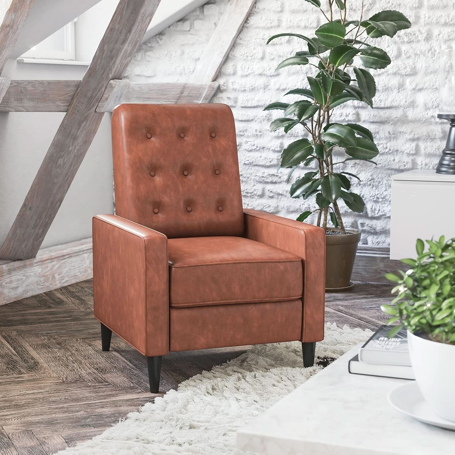Erza Cognac Brown Leathersoft Pushback Mid Century Modern Recliner Chair