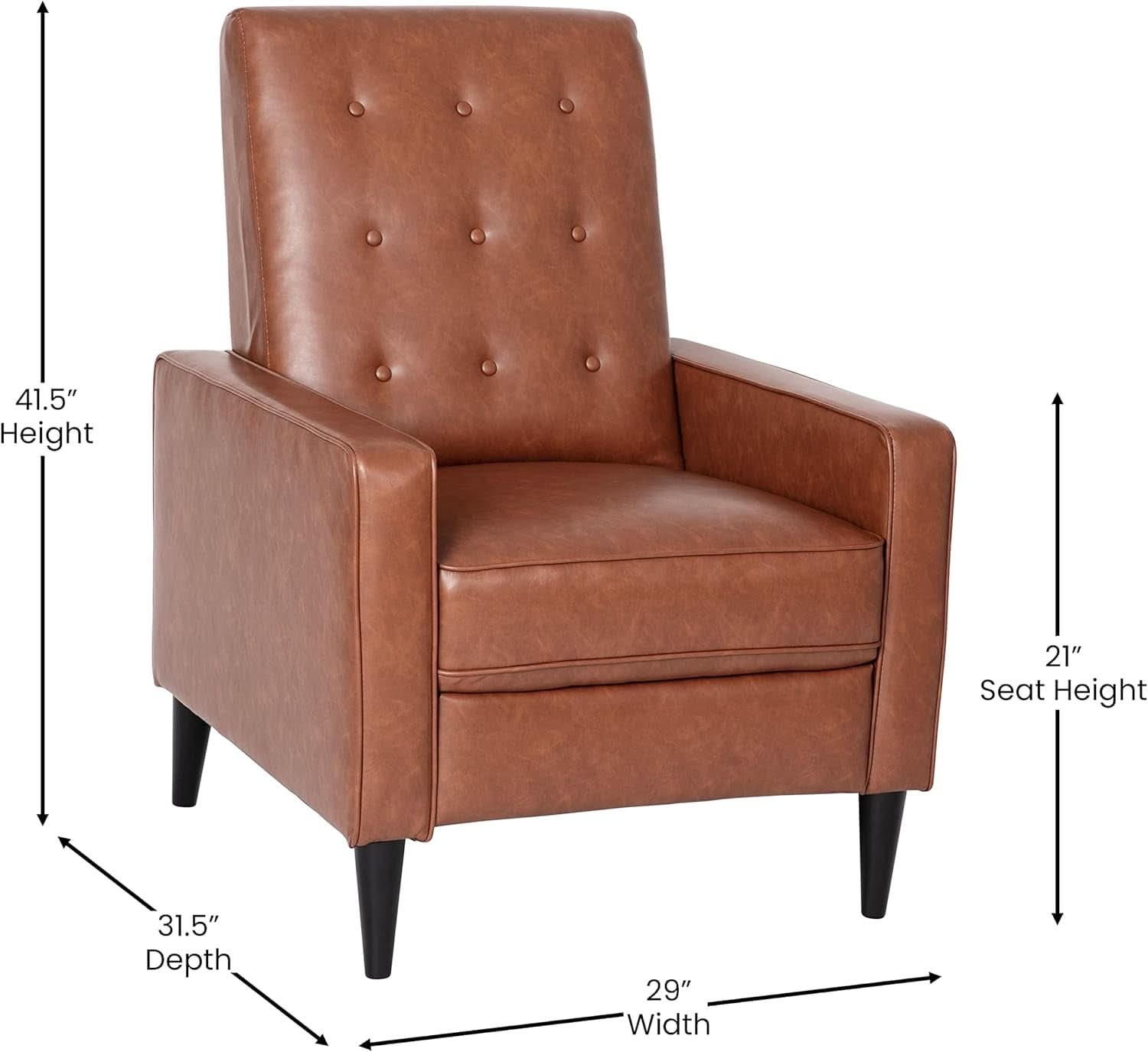 Erza Cognac Brown Leathersoft Pushback Mid Century Modern Recliner Chair