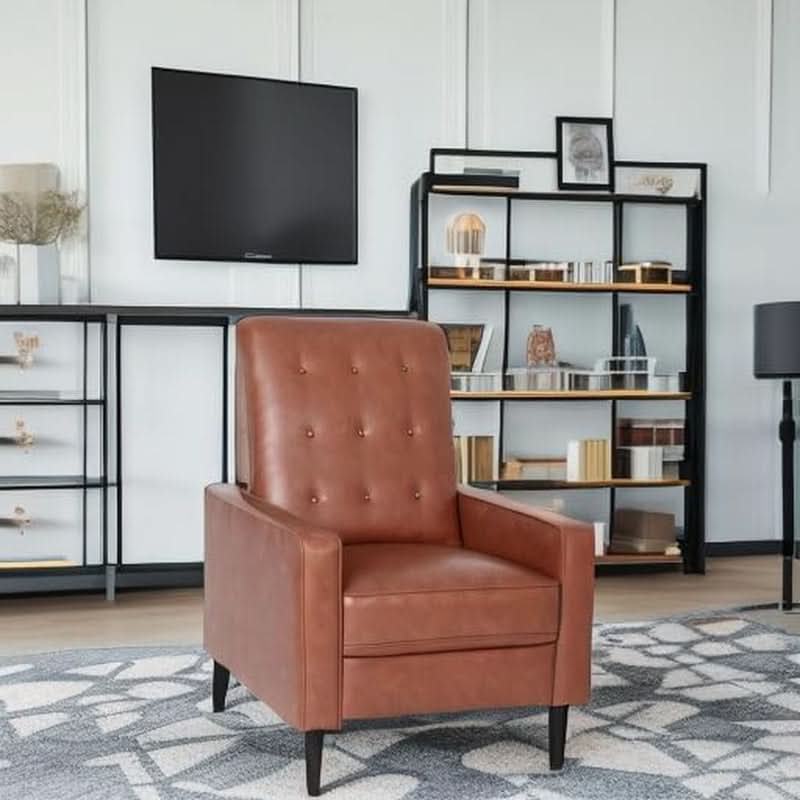 Erza Cognac Brown Leathersoft Pushback Mid Century Modern Recliner Chair