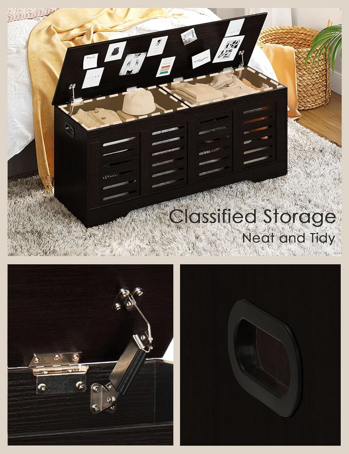 Espresso 47.3Inch Wood Storage Chest FlipTop Hinges