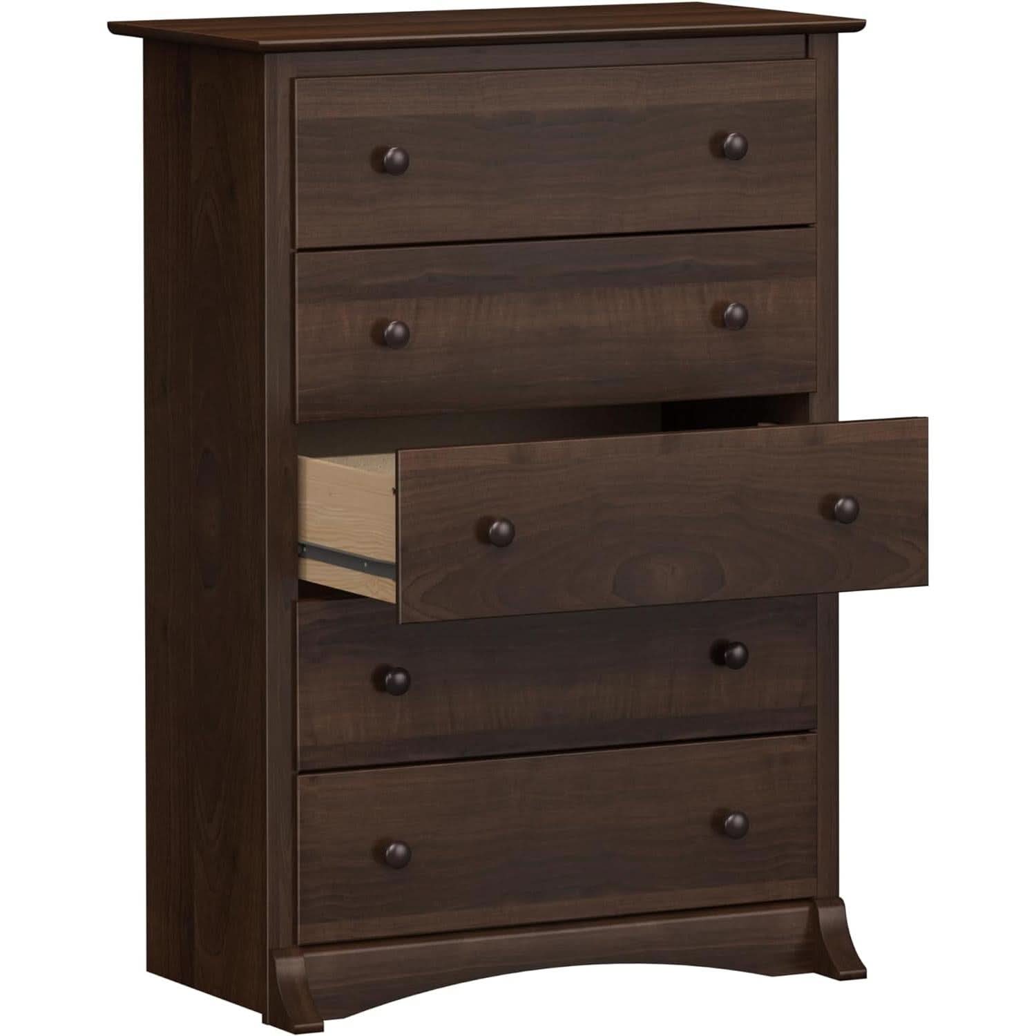Espresso 5 Drawer Dresser With Wide Top For Bedroom Storage