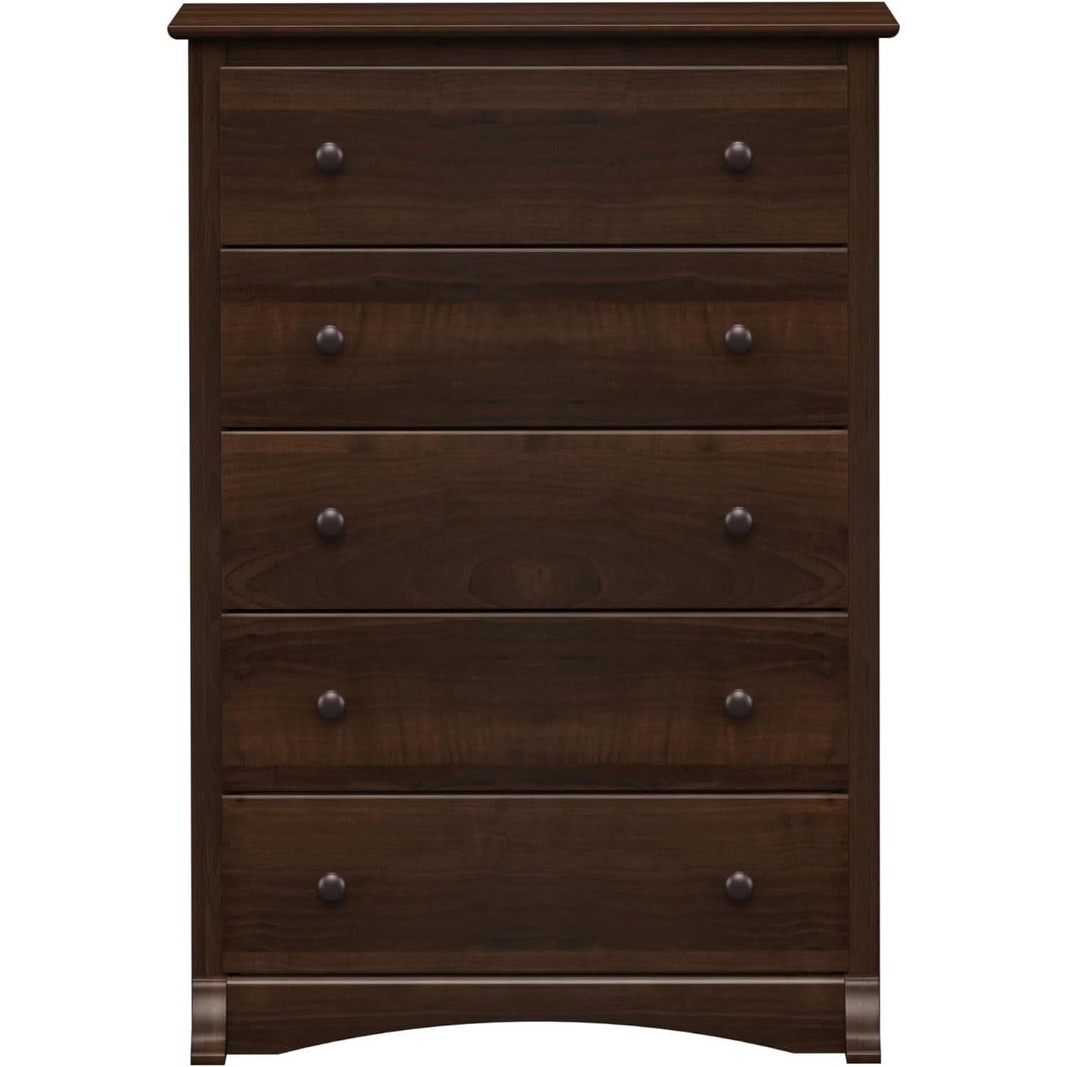 Espresso 5 Drawer Dresser With Wide Top For Bedroom Storage