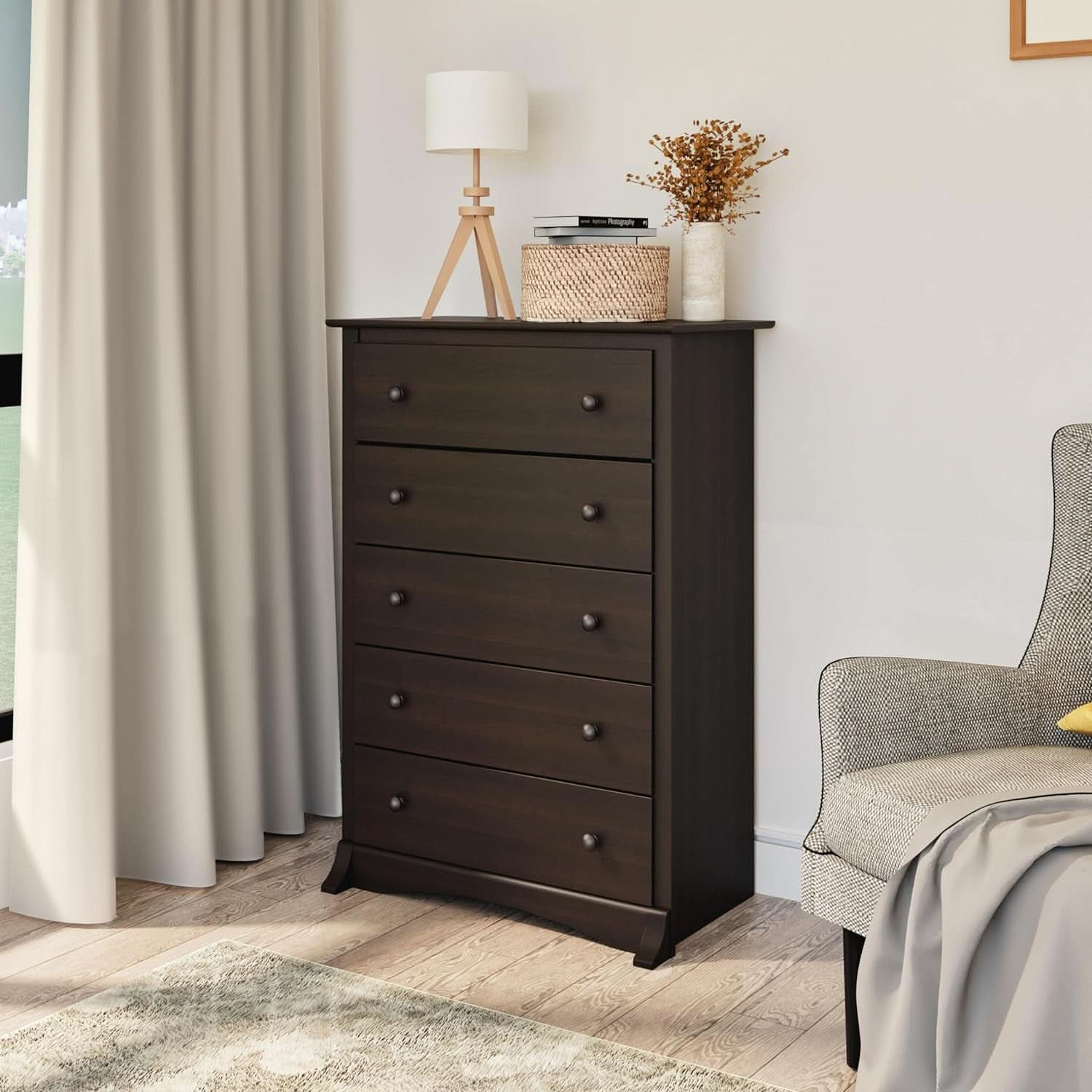 Espresso 5 Drawer Dresser With Wide Top For Bedroom Storage