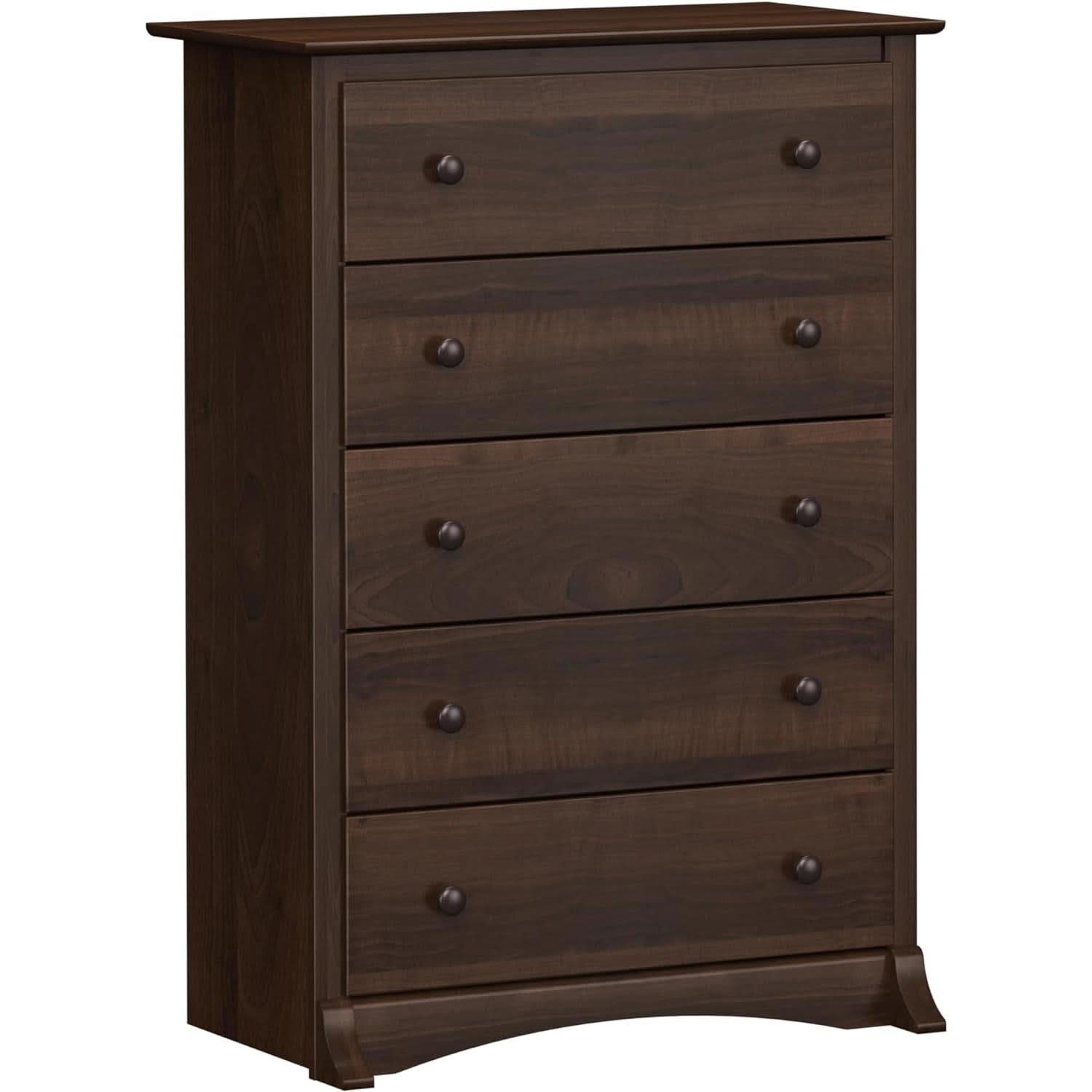 Espresso 5 Drawer Dresser With Wide Top For Bedroom Storage