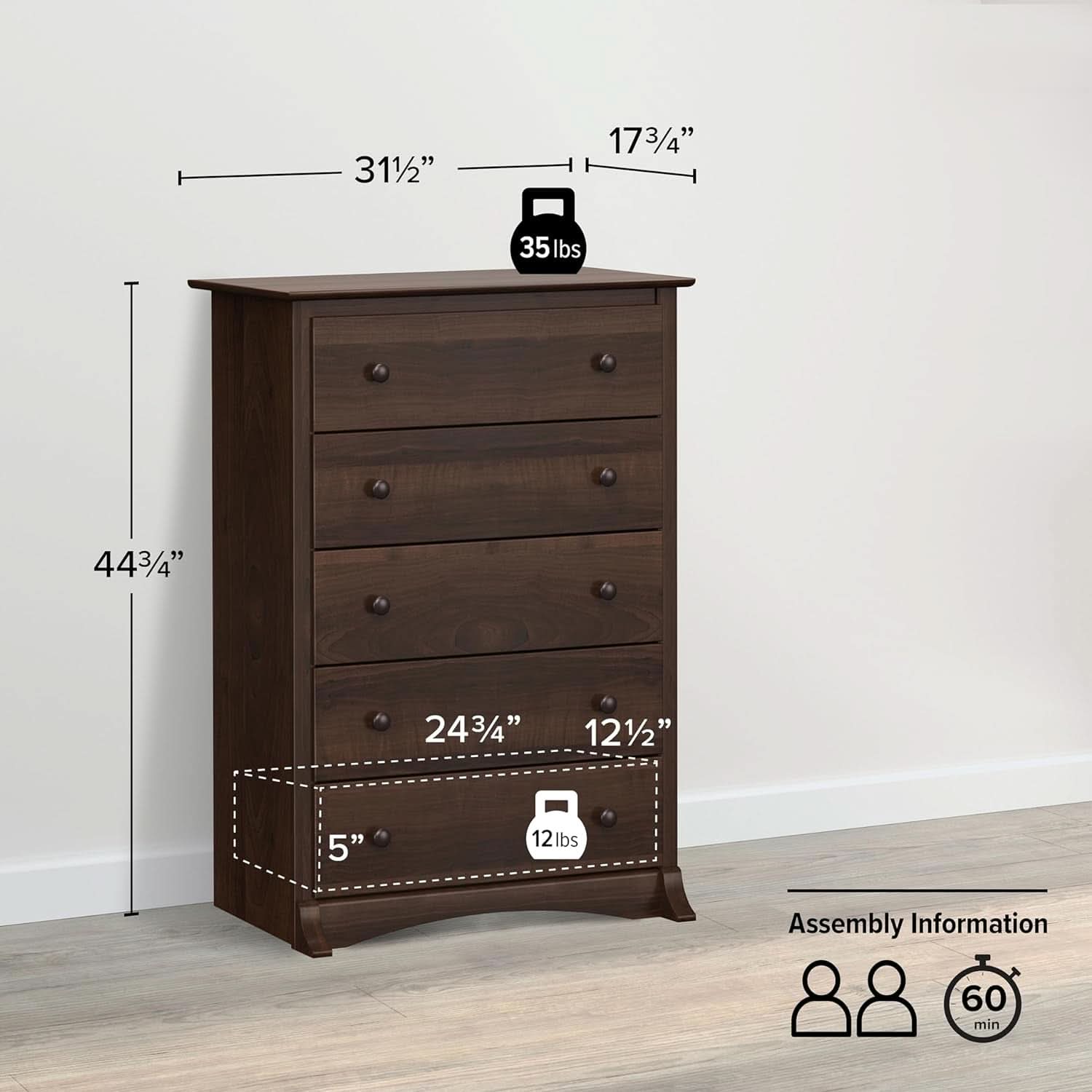 Espresso 5 Drawer Dresser With Wide Top For Bedroom Storage