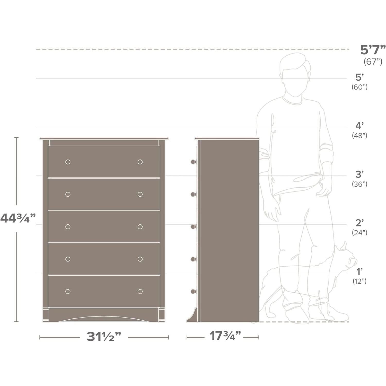Espresso 5 Drawer Dresser With Wide Top For Bedroom Storage