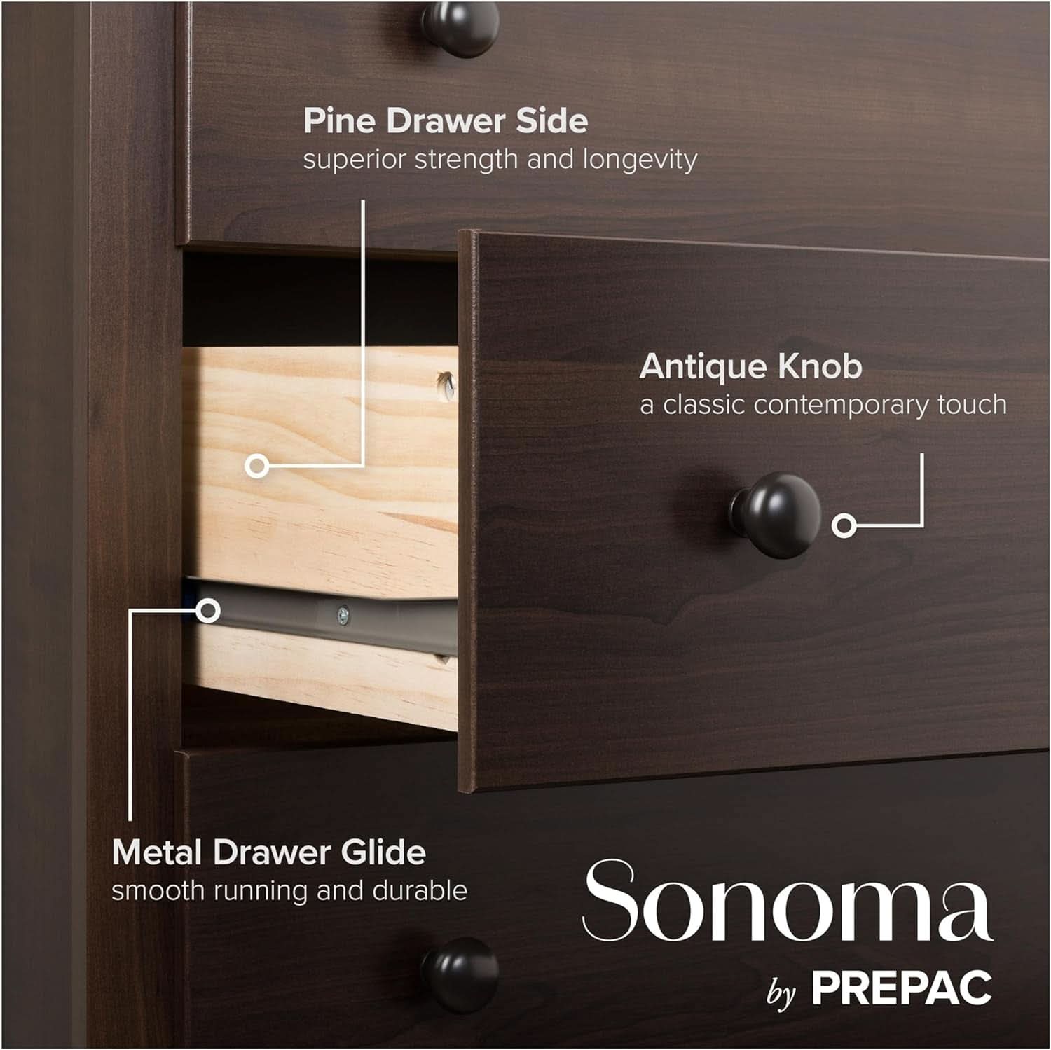 Espresso 5 Drawer Dresser With Wide Top For Bedroom Storage