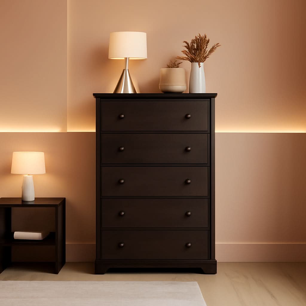 Espresso 5 Drawer Dresser With Wide Top For Bedroom Storage