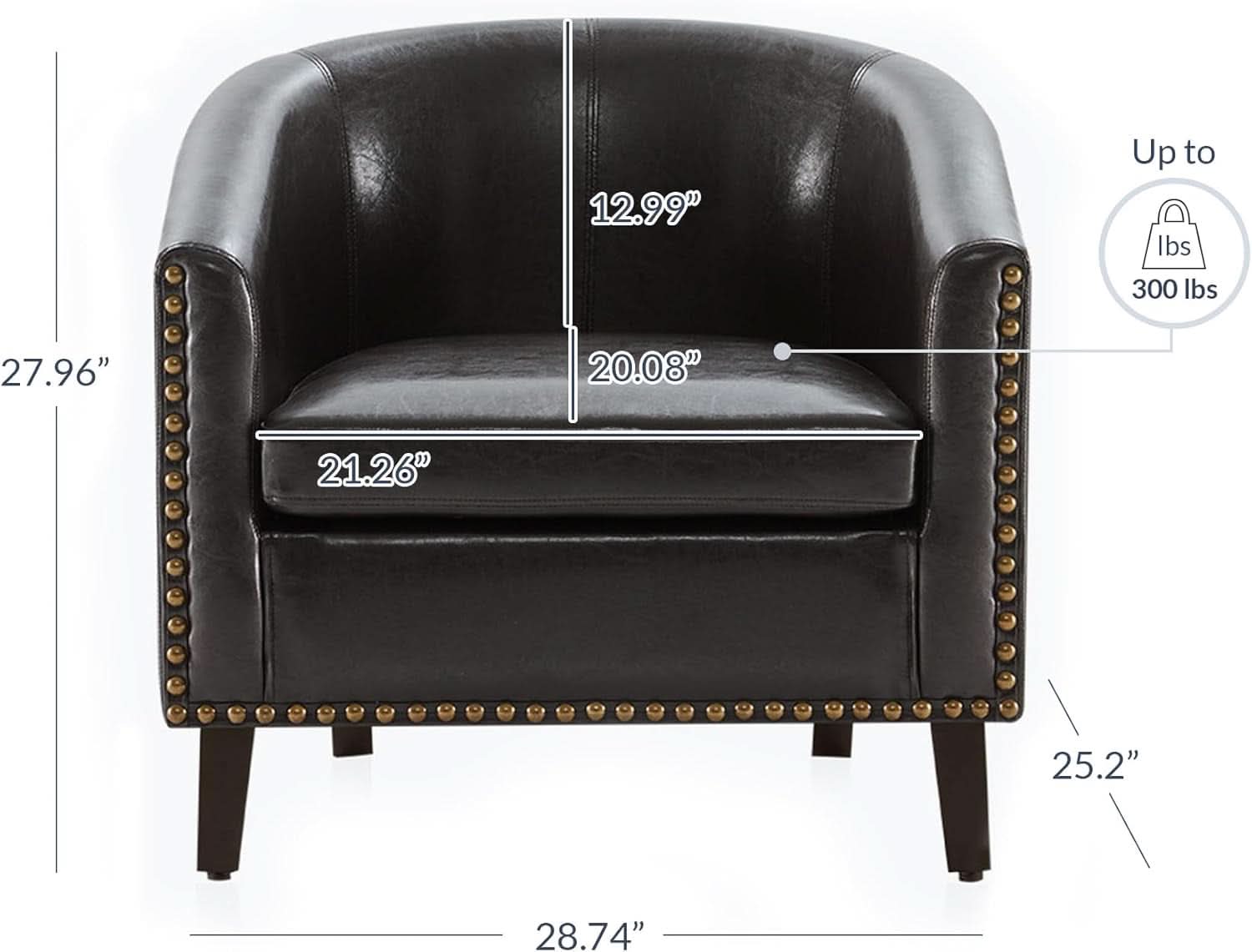 Espresso Brown Faux Leather Barrel Chair Nailhead Trim
