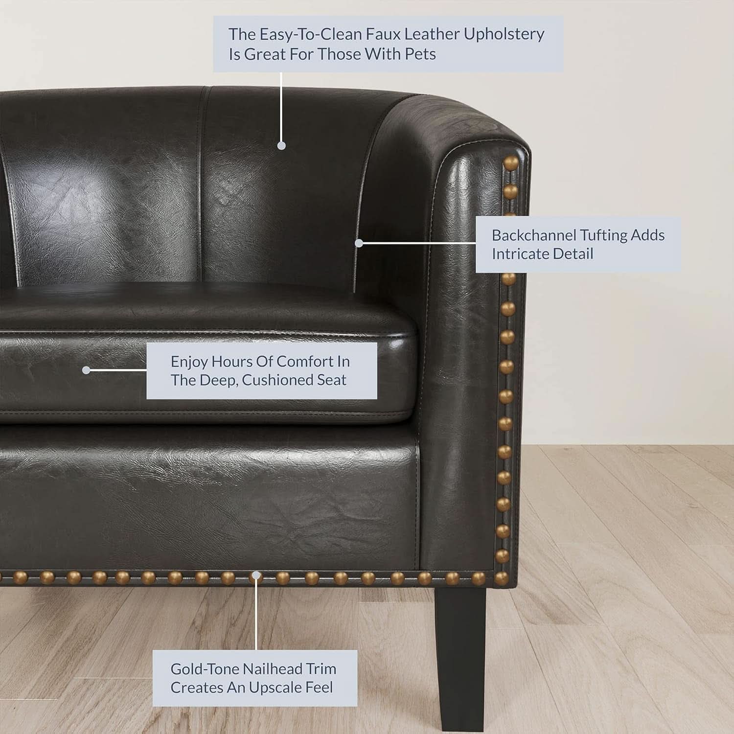 Espresso Brown Faux Leather Barrel Chair Nailhead Trim