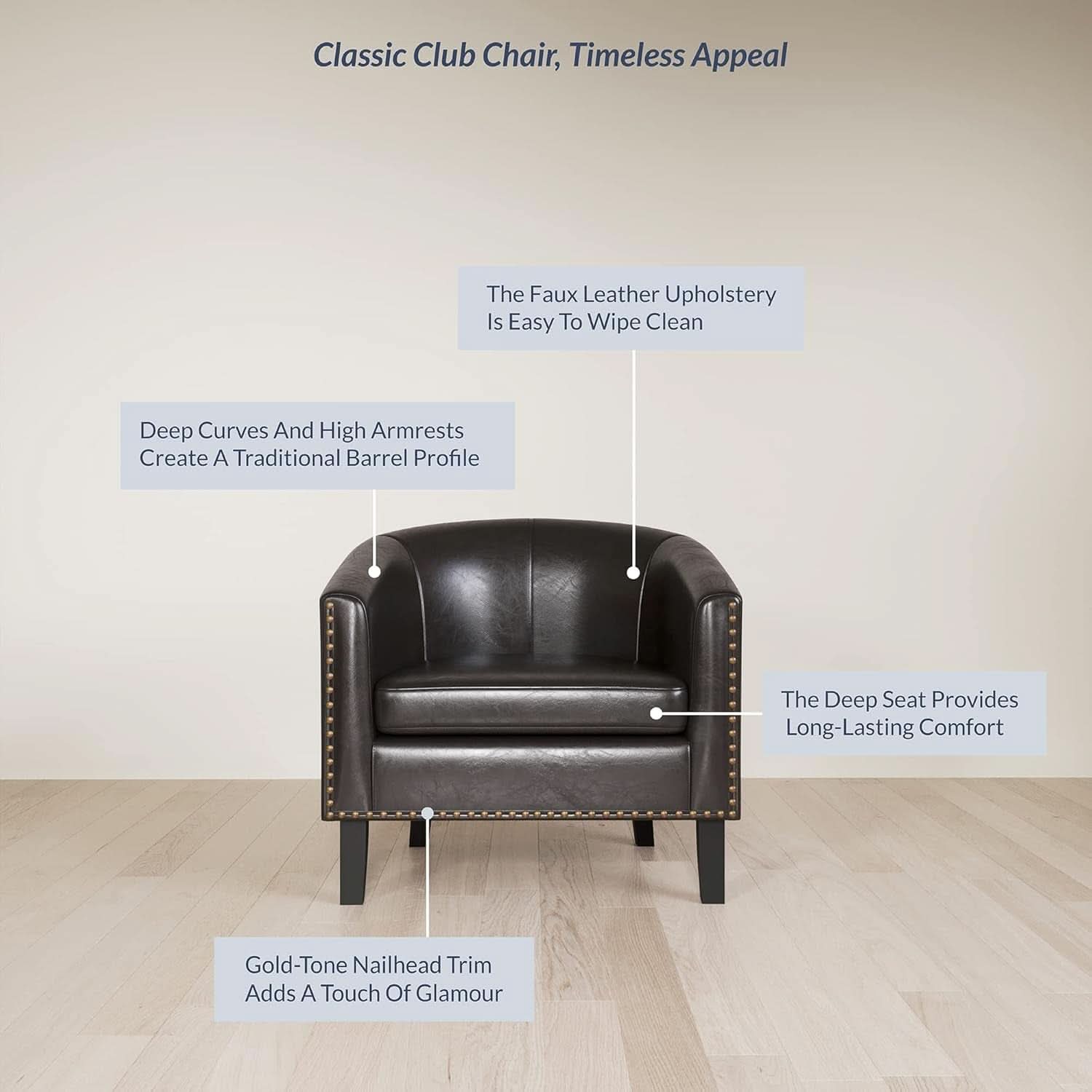 Espresso Brown Faux Leather Barrel Chair Nailhead Trim