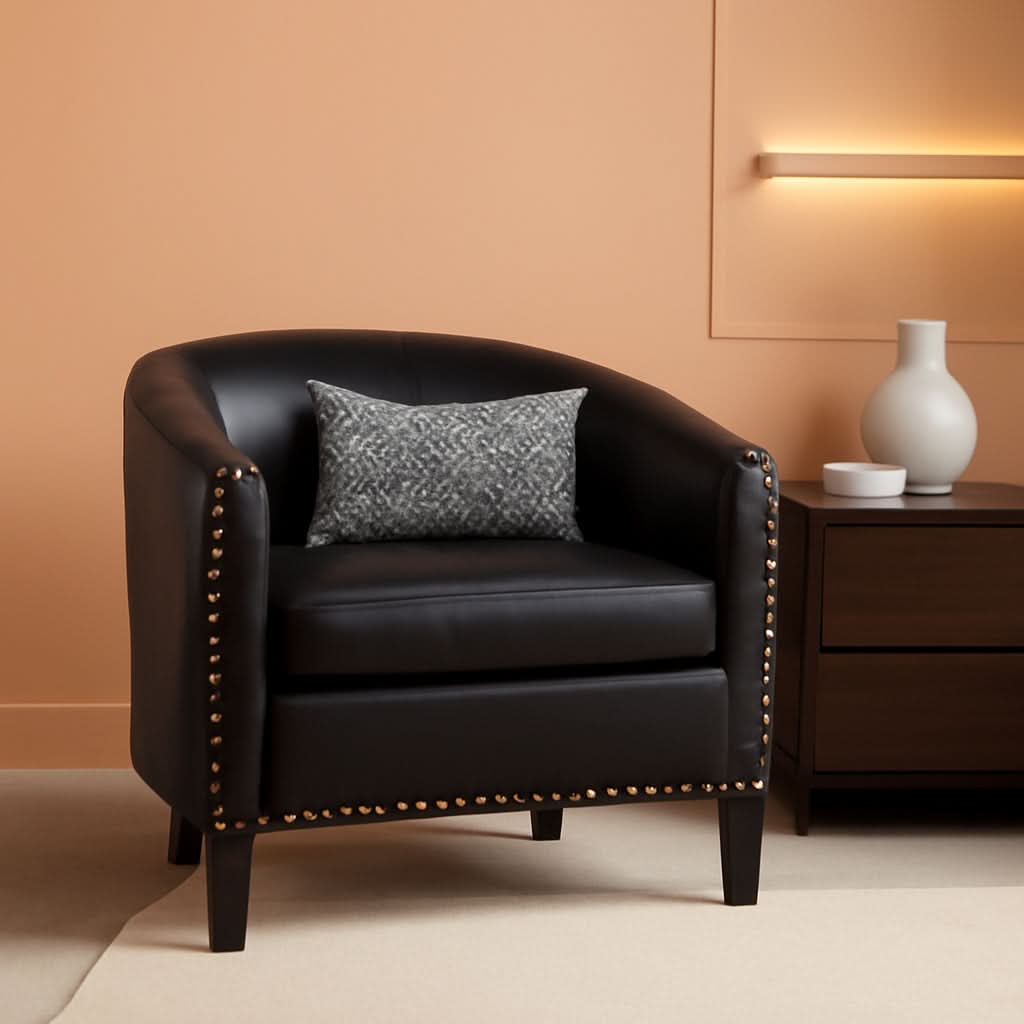 Espresso Brown Faux Leather Barrel Chair Nailhead Trim