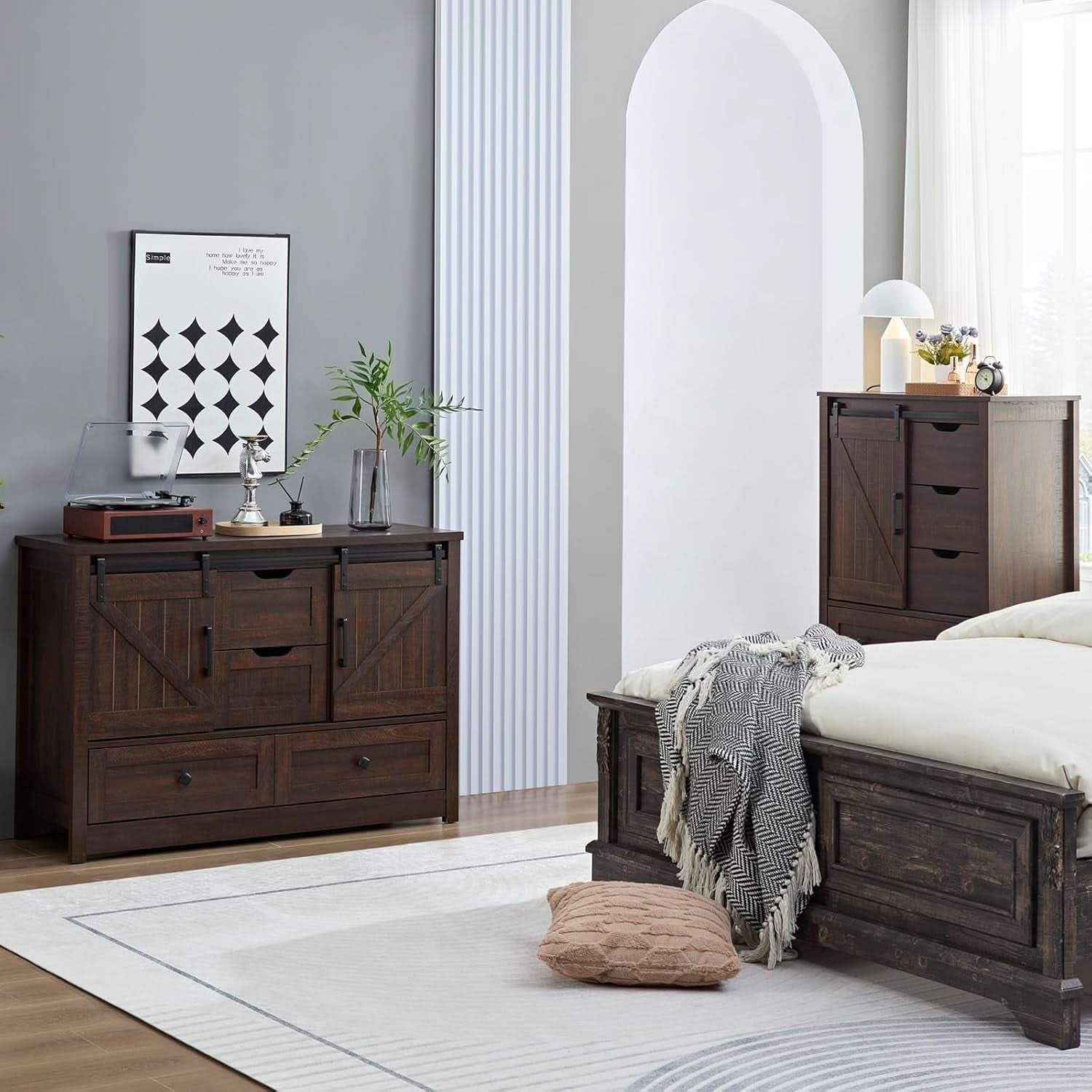 Espresso Dresser With FiveDrawers Sliding Barn Doors