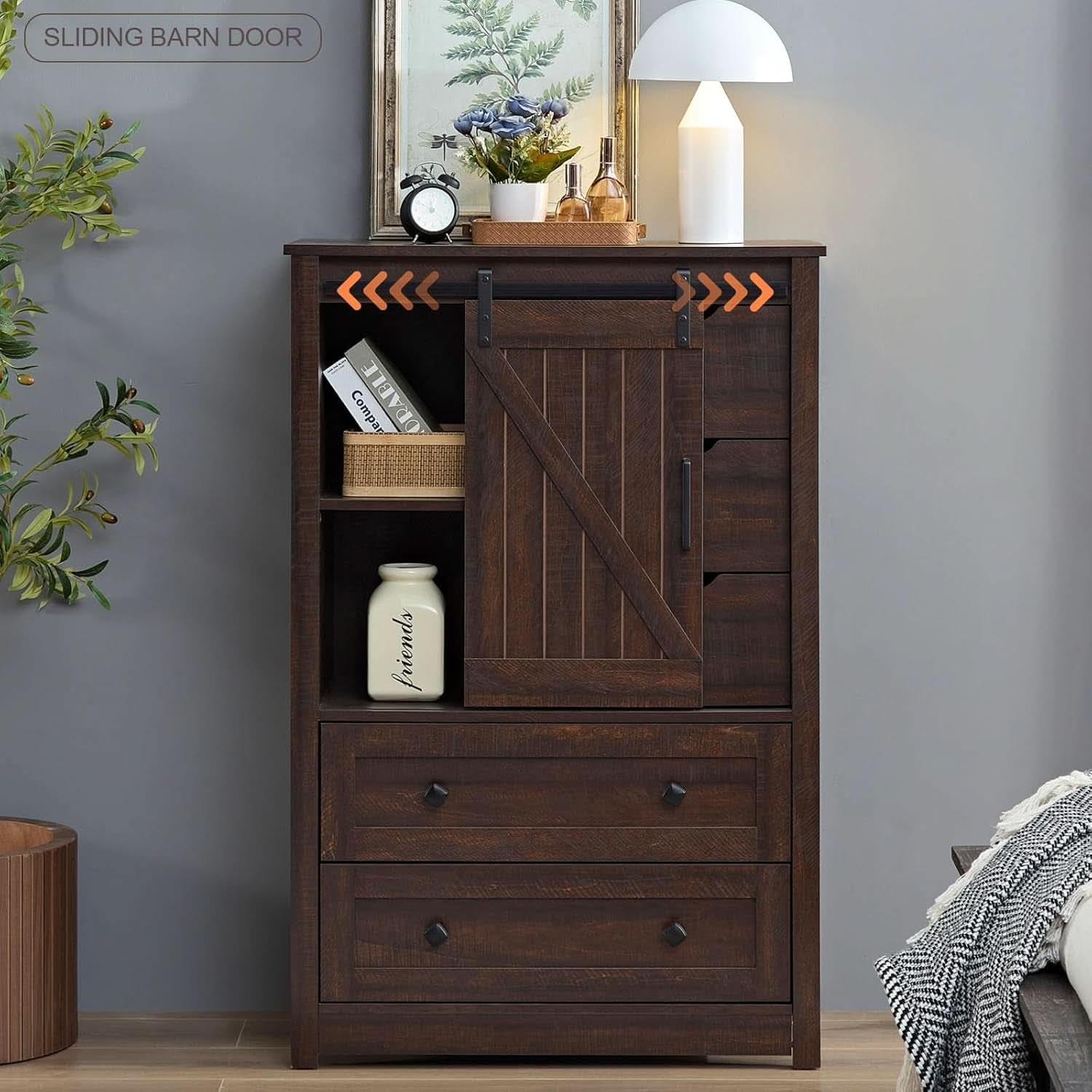 Espresso Dresser With FiveDrawers Sliding Barn Doors