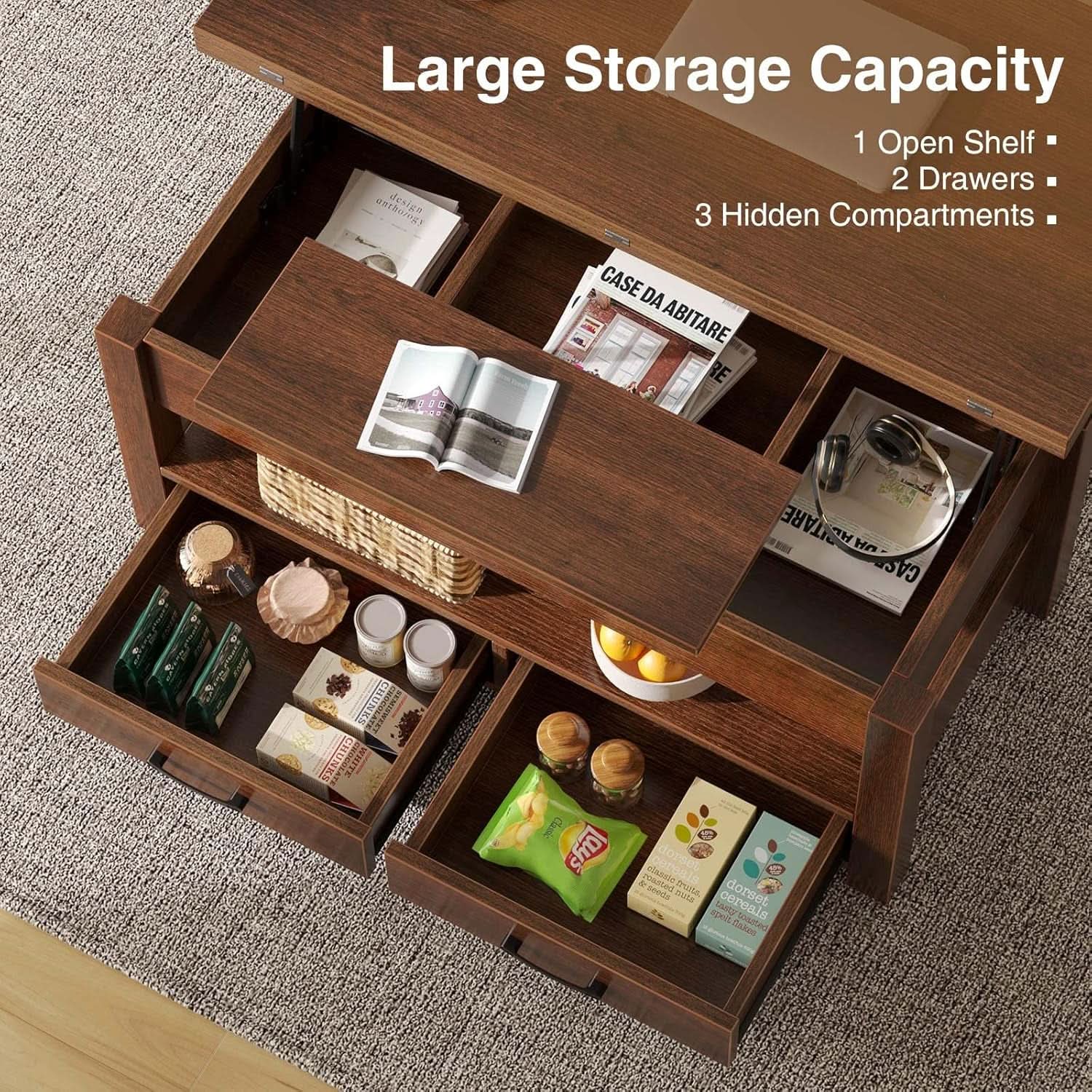 Espresso Lift Top Coffee Table With Drawers And Hidden Compartment