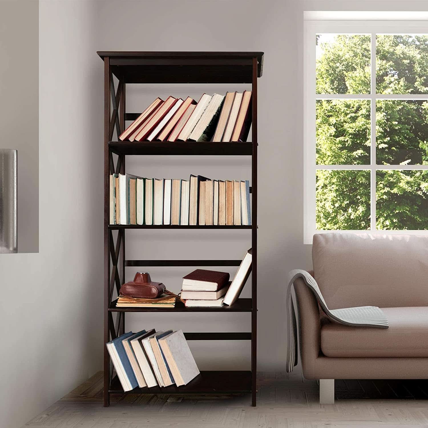 Espresso Montego Five Shelf Bookcase With X Design