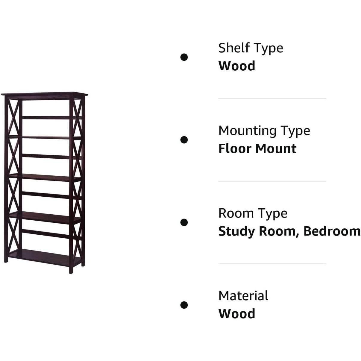 Espresso Montego Five Shelf Bookcase With X Design