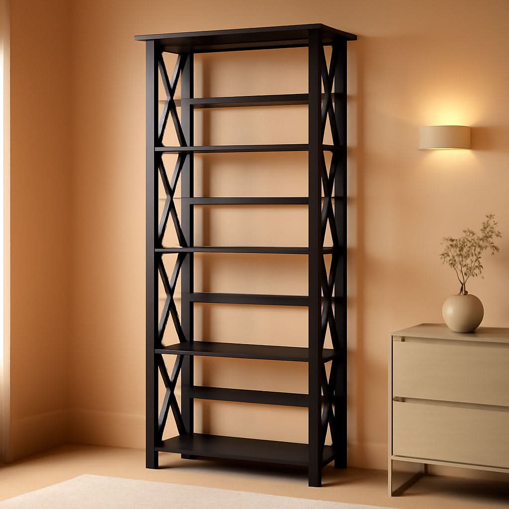 Espresso Montego Five Shelf Bookcase With X Design