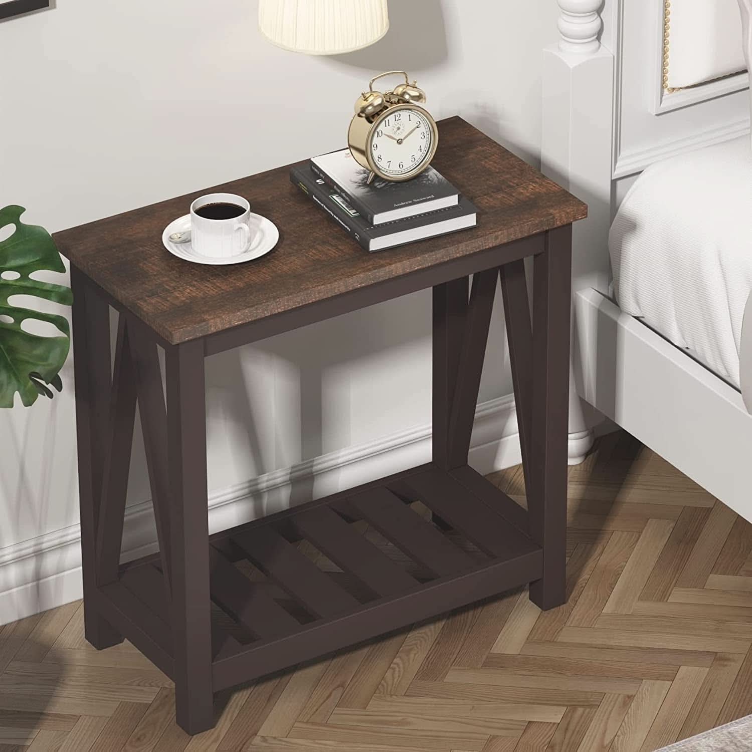 Espresso Narrow End Table With Shelf 23.6 Inch Rustic