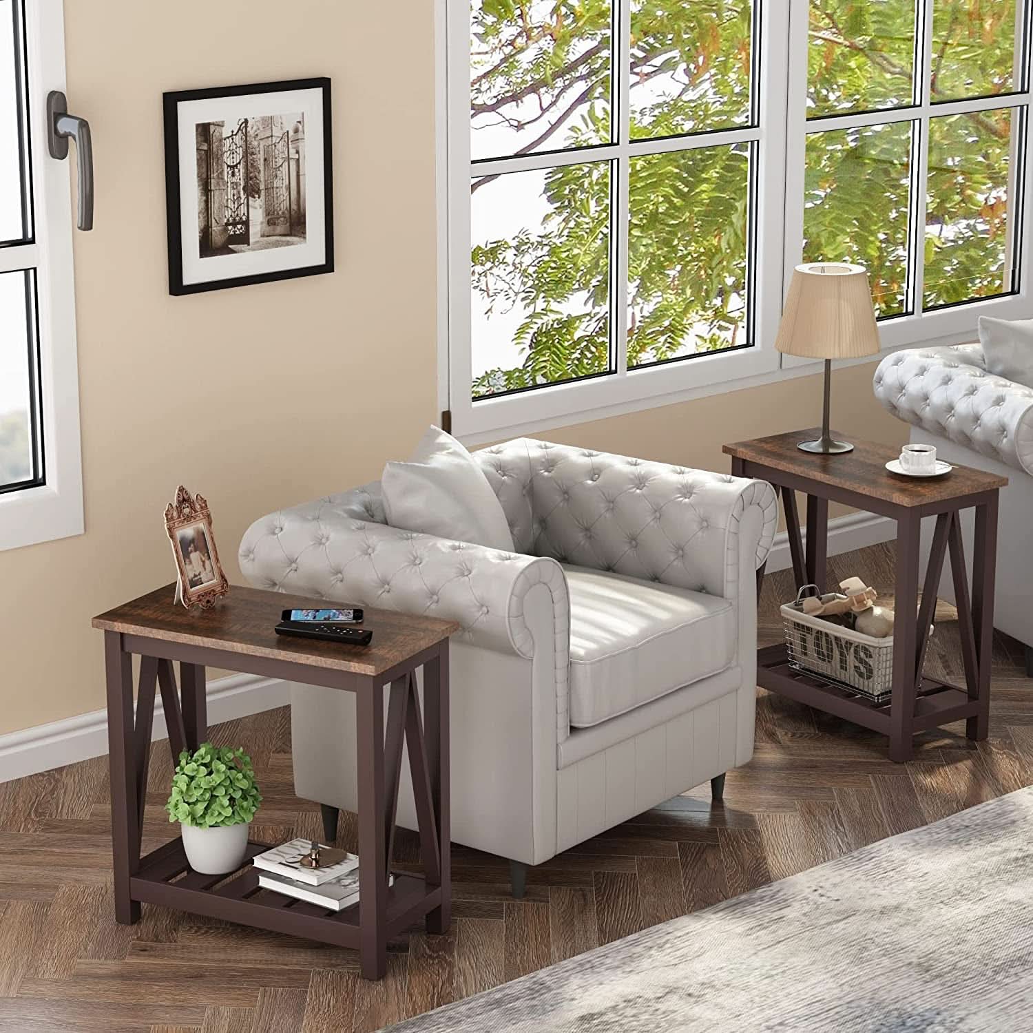 Espresso Narrow End Table With Shelf 23.6 Inch Rustic