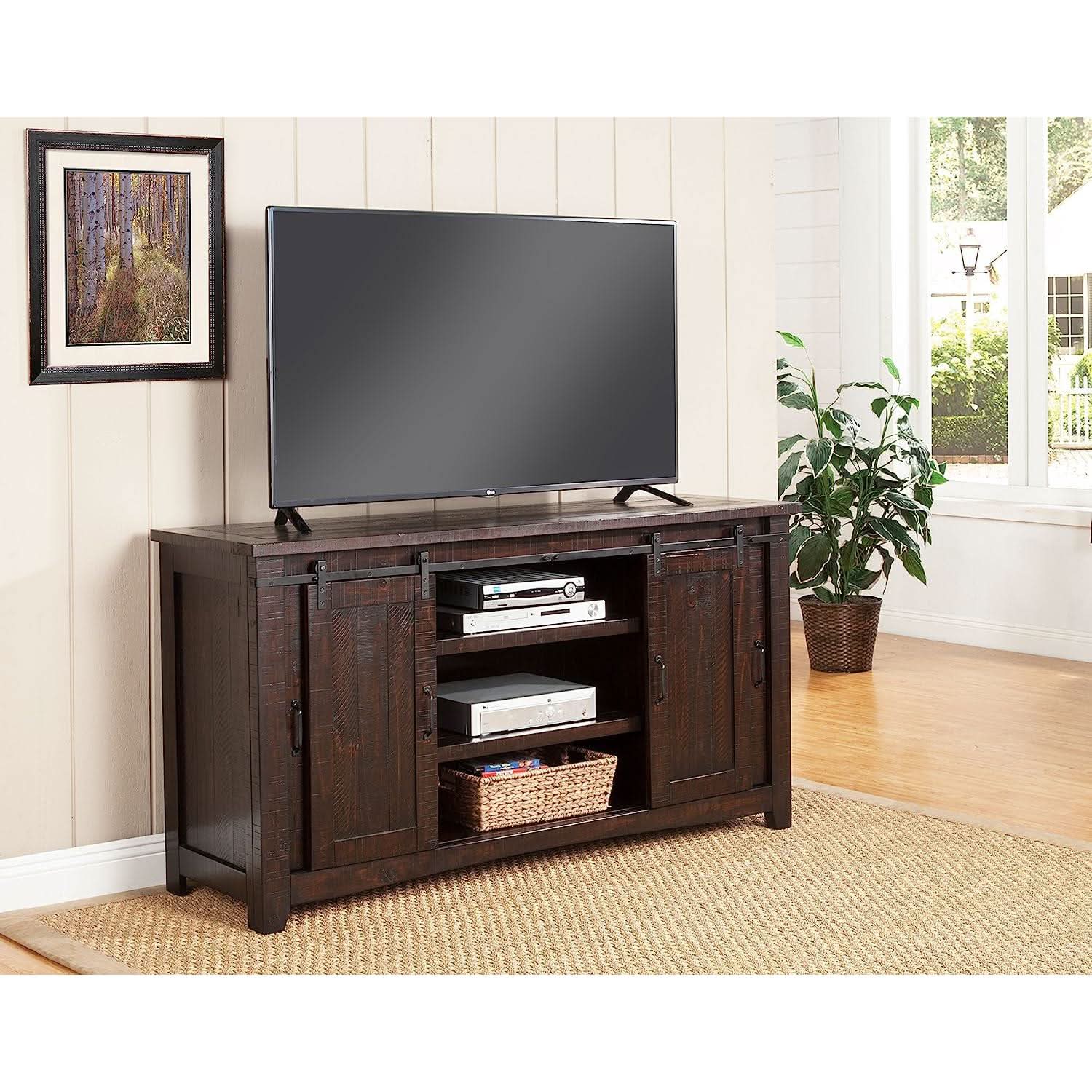 Espresso TV Stand With Sliding Barn Doors Solid Pine