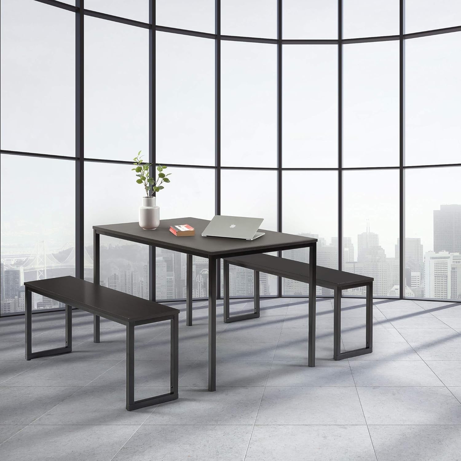 Espresso Textured Metal Frame Dining Table Benches