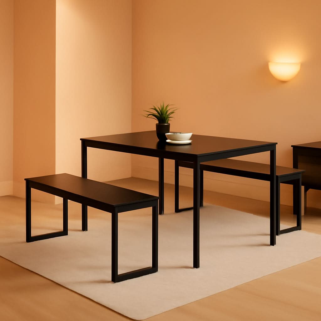 Espresso Textured Metal Frame Dining Table Benches