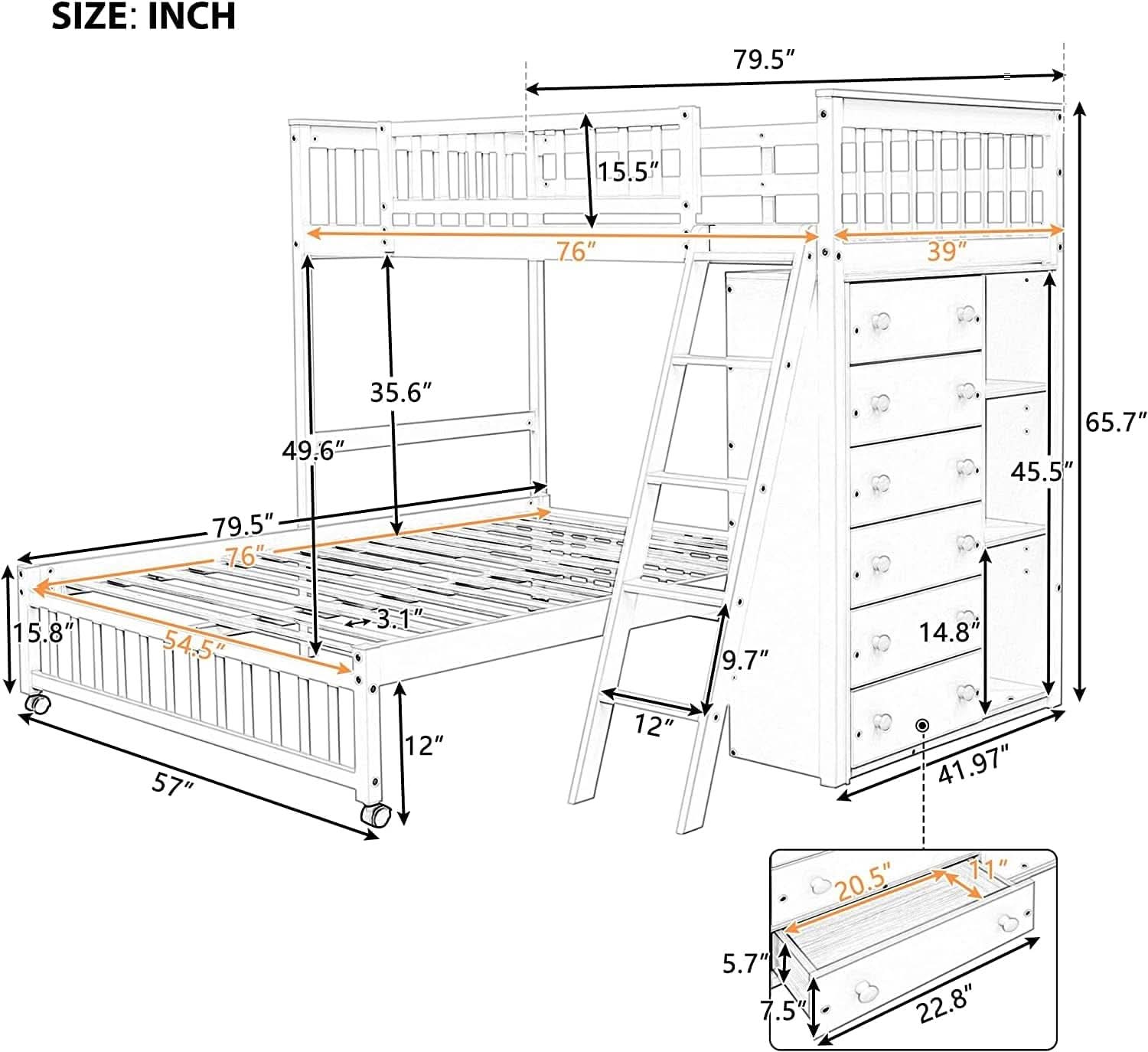 Espresso Twin Over Full Bunk Bed With Six Drawers Shelves