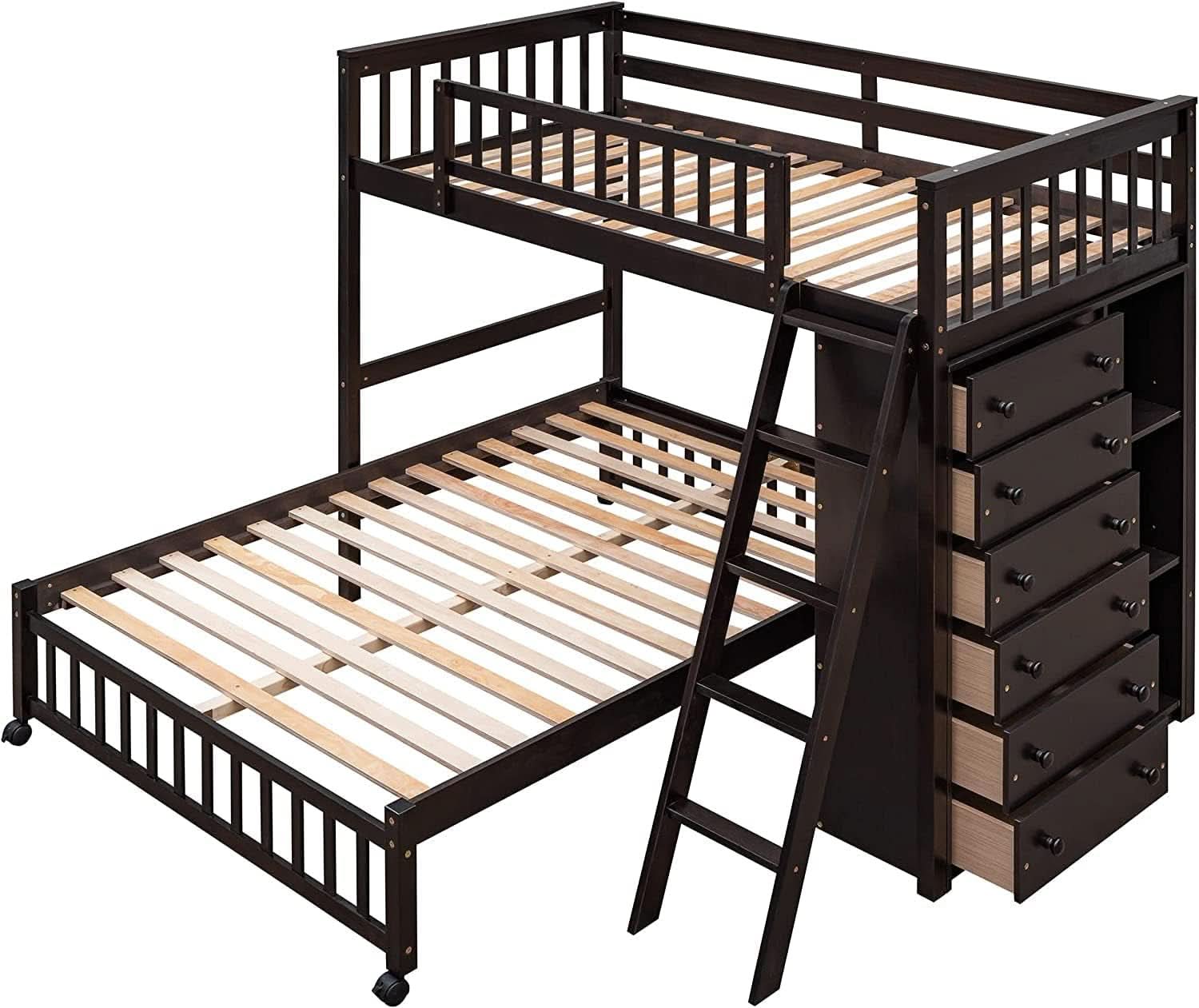 Espresso Twin Over Full Bunk Bed With Six Drawers Shelves