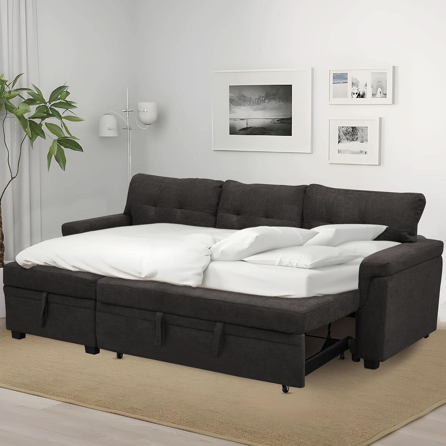 Espresso Velvet Sleeper Sectional Sofa Bed Chaise Set