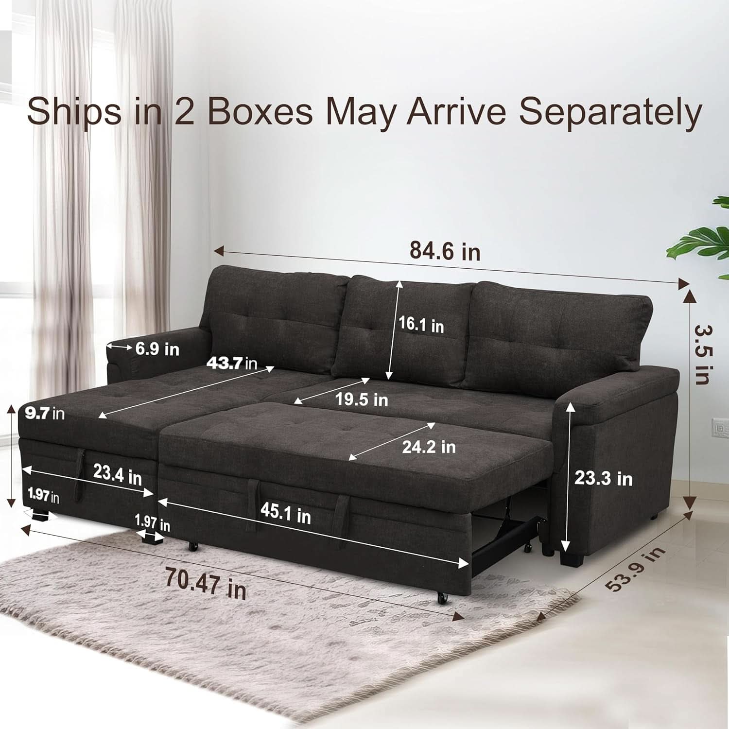 Espresso Velvet Sleeper Sectional Sofa Bed Chaise Set