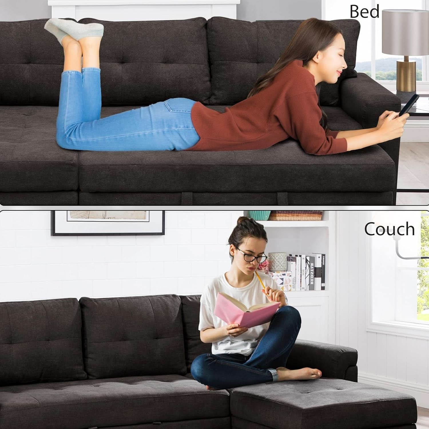 Espresso Velvet Sleeper Sectional Sofa Bed Chaise Set