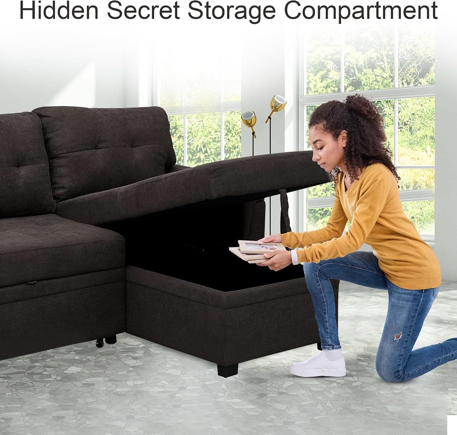 Espresso Velvet Sleeper Sectional Sofa Bed Chaise Set